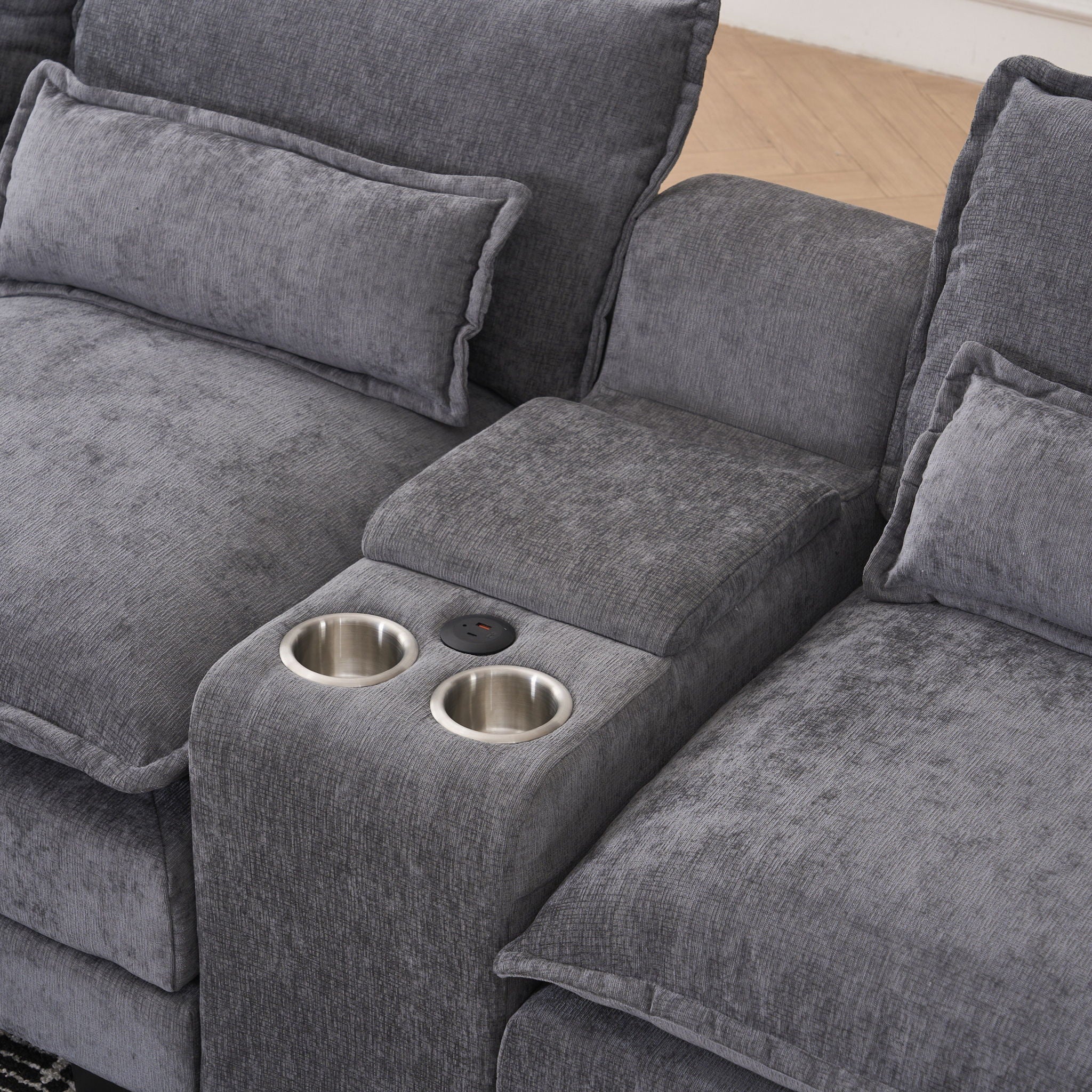U Shaped Sofa With Console, Cupholders, USB Ports, 6 Seat, Bronzing Suede &