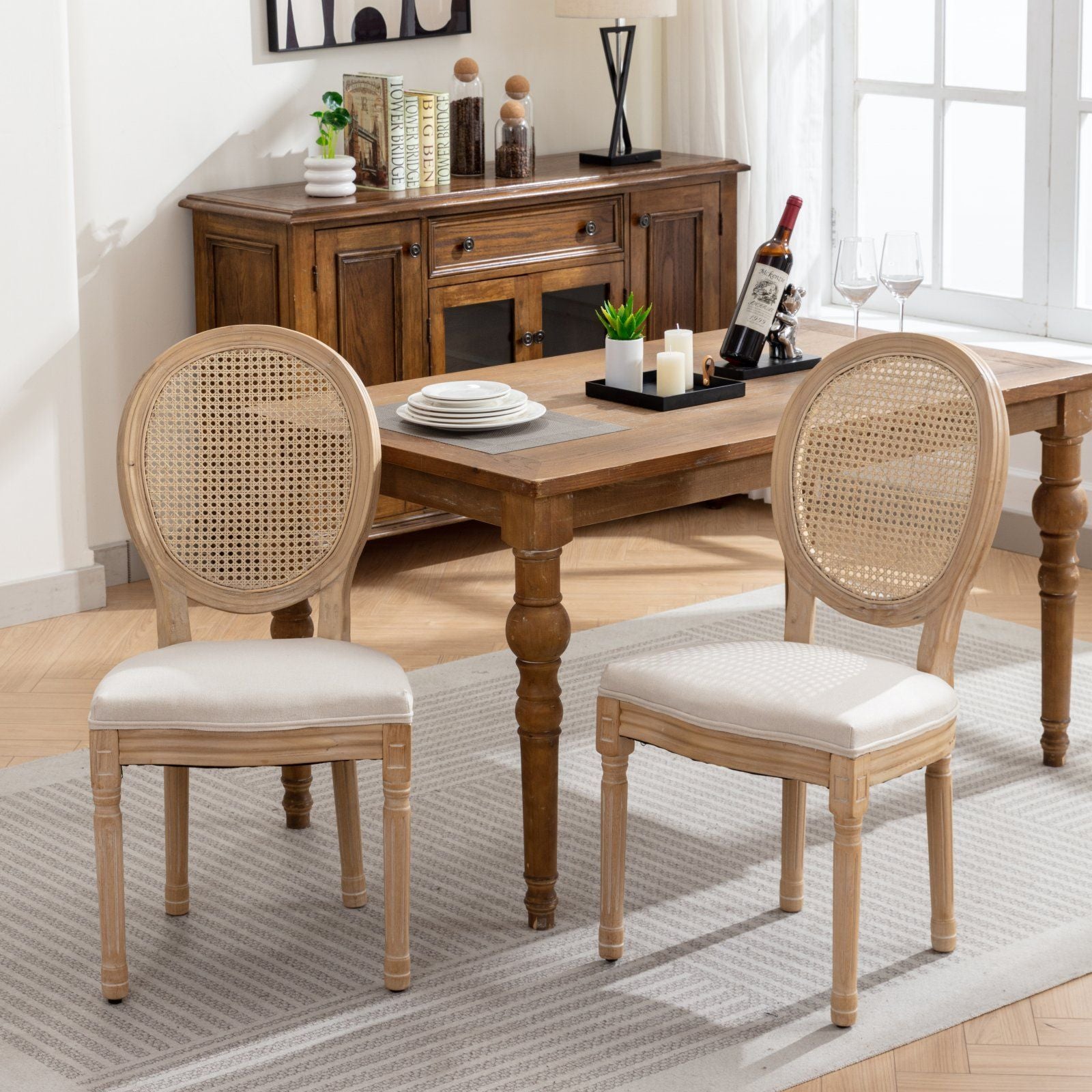 French Style Solid Wood Frame Antique Painting Fabric Rattan Back Dining Chair (Set of 2)