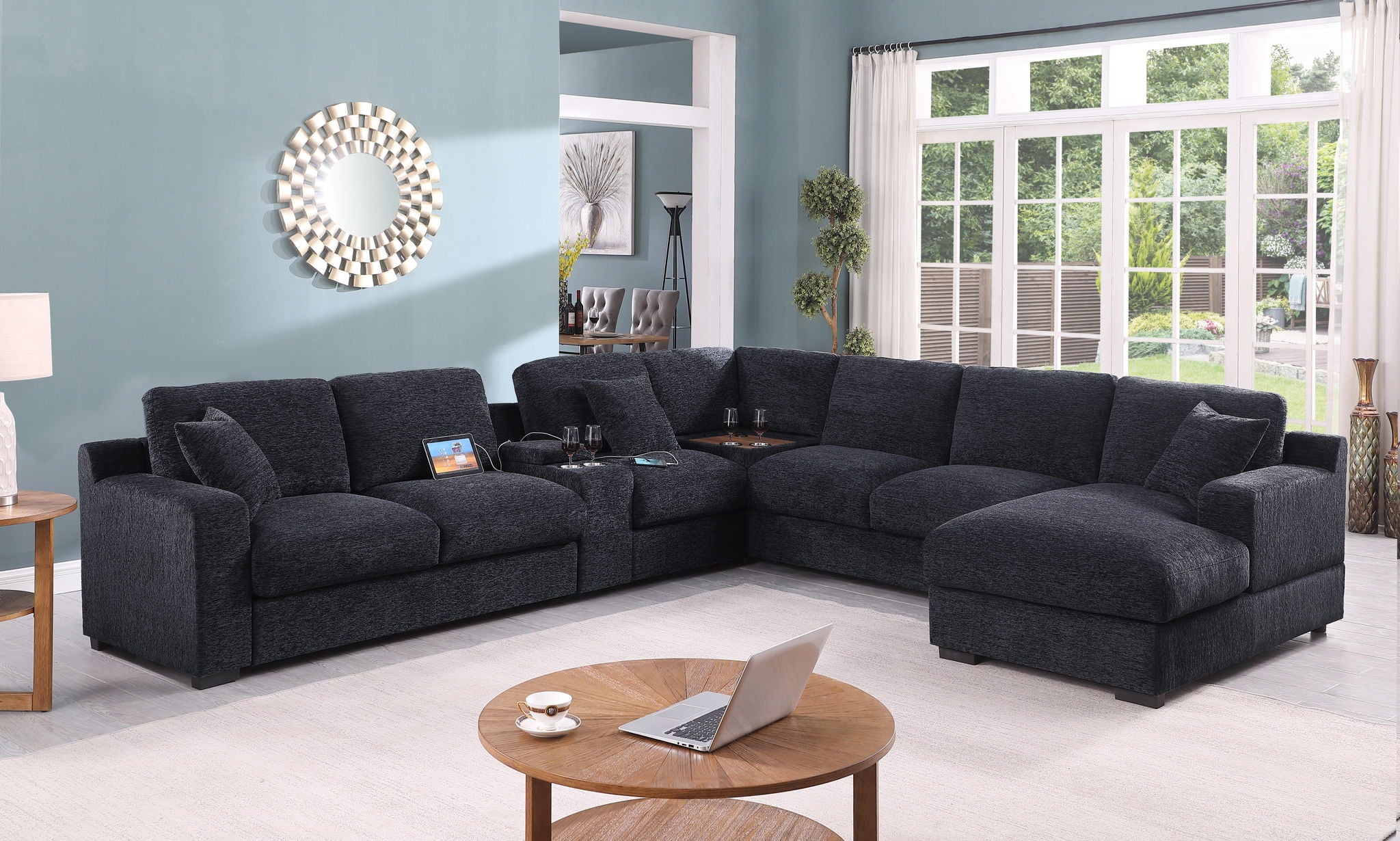 Celine - Fabric Corner Sectional Sofa With Right-Facing Chaise, Cupholders, And Charging Ports