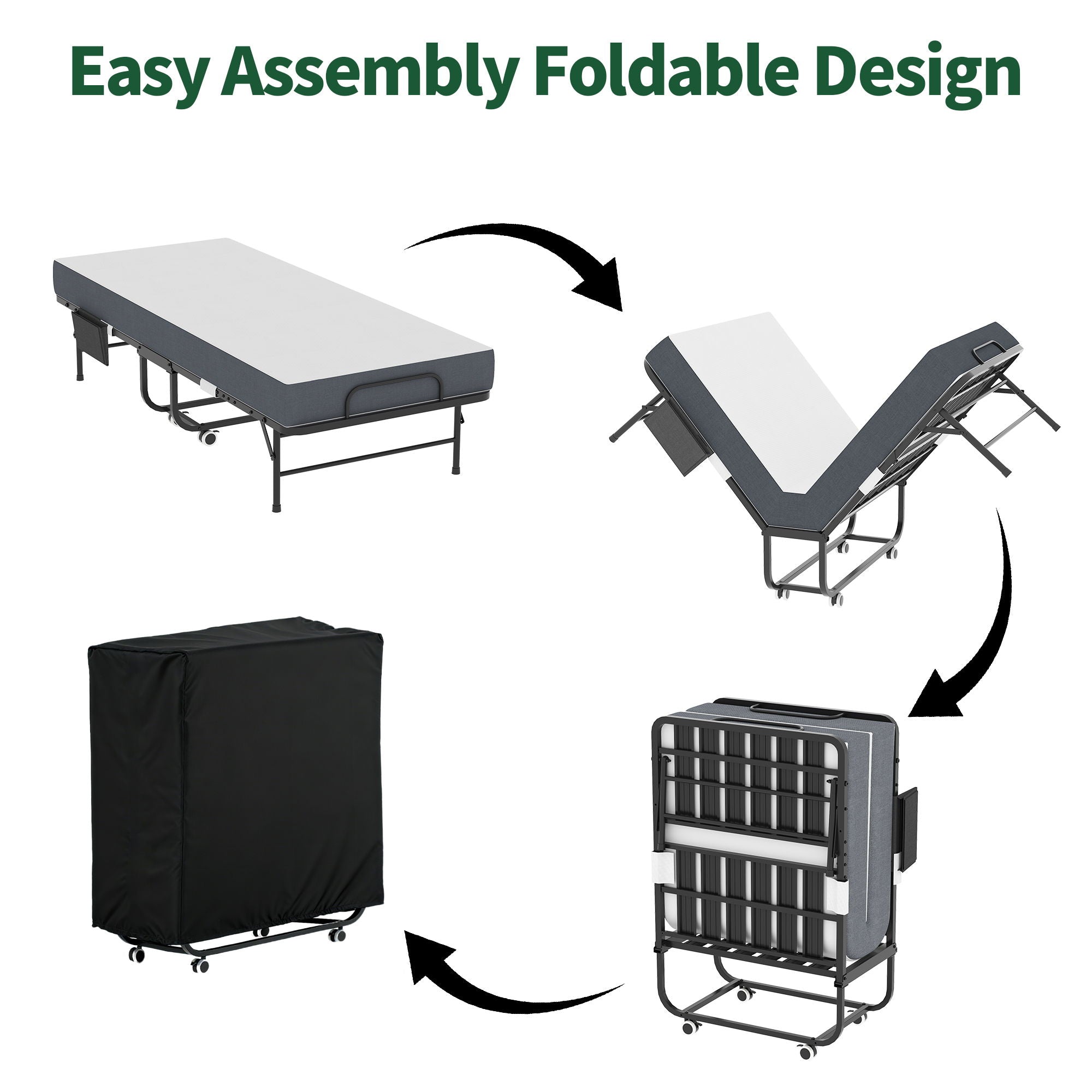 Twin Folding Bed With Memory Foam Mattress, Space Saving Rollaway Guest, On Wheels, Portable For Adults & Guests - Black