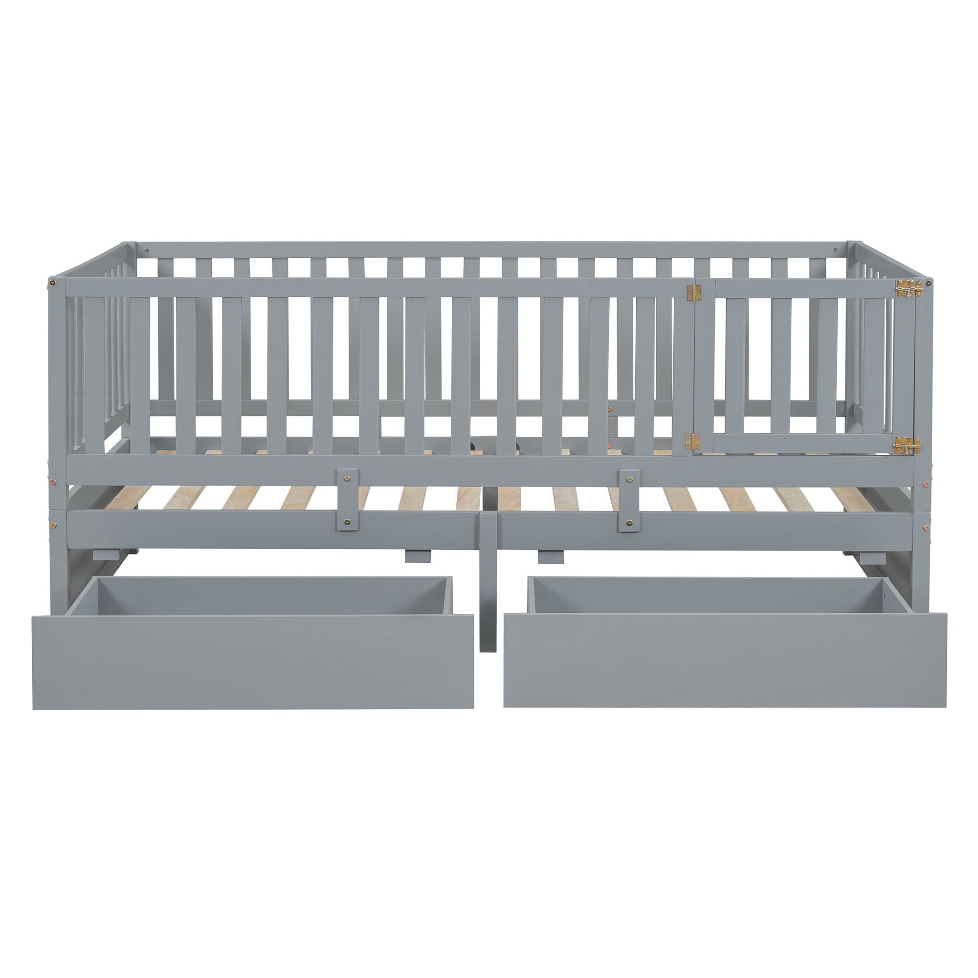 Daybed With Fence Guardrails And 2 Drawers, Split Into Independent Floor Bed & Daybed
