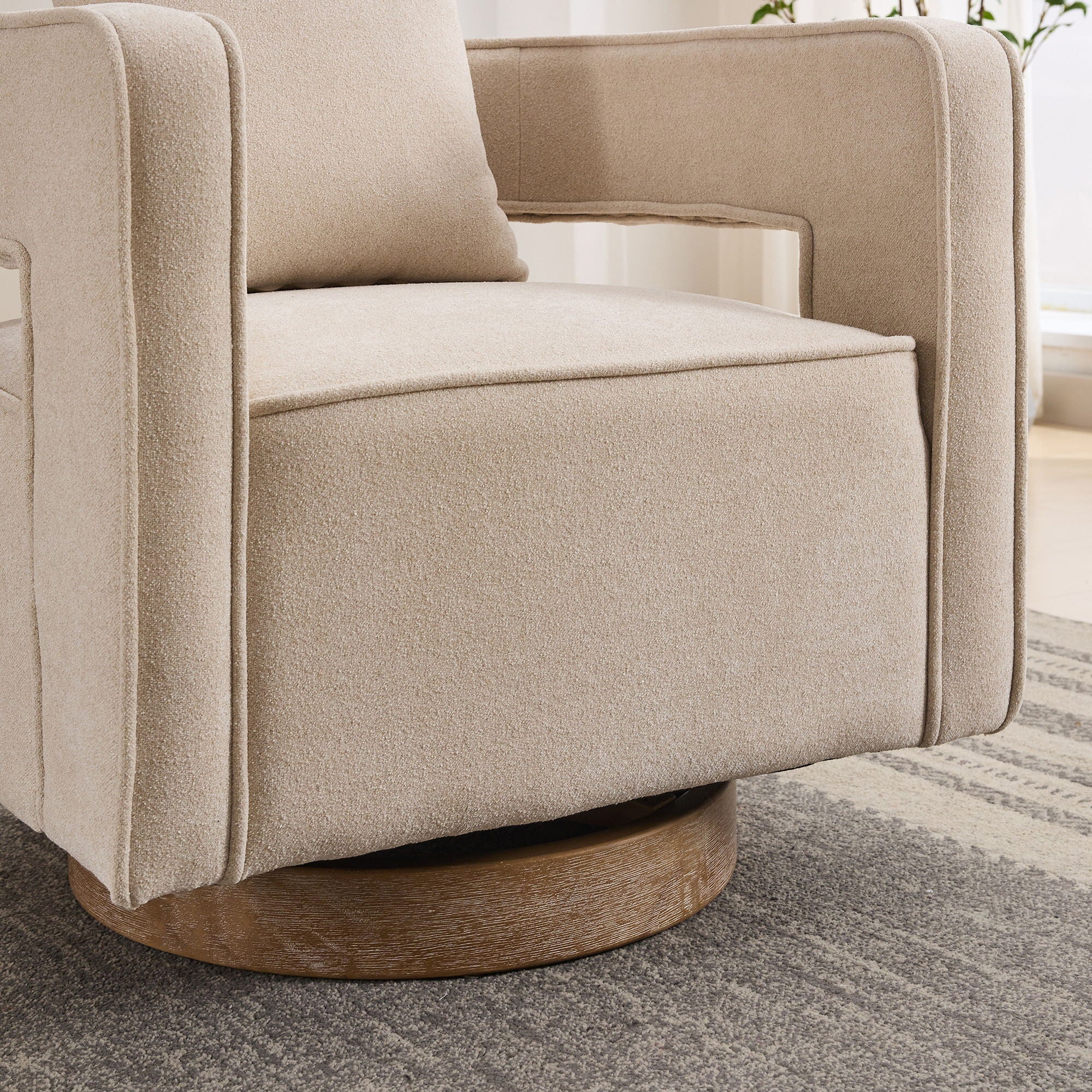 Swivel Accent Open Back Barrel Chair With Weathered Base