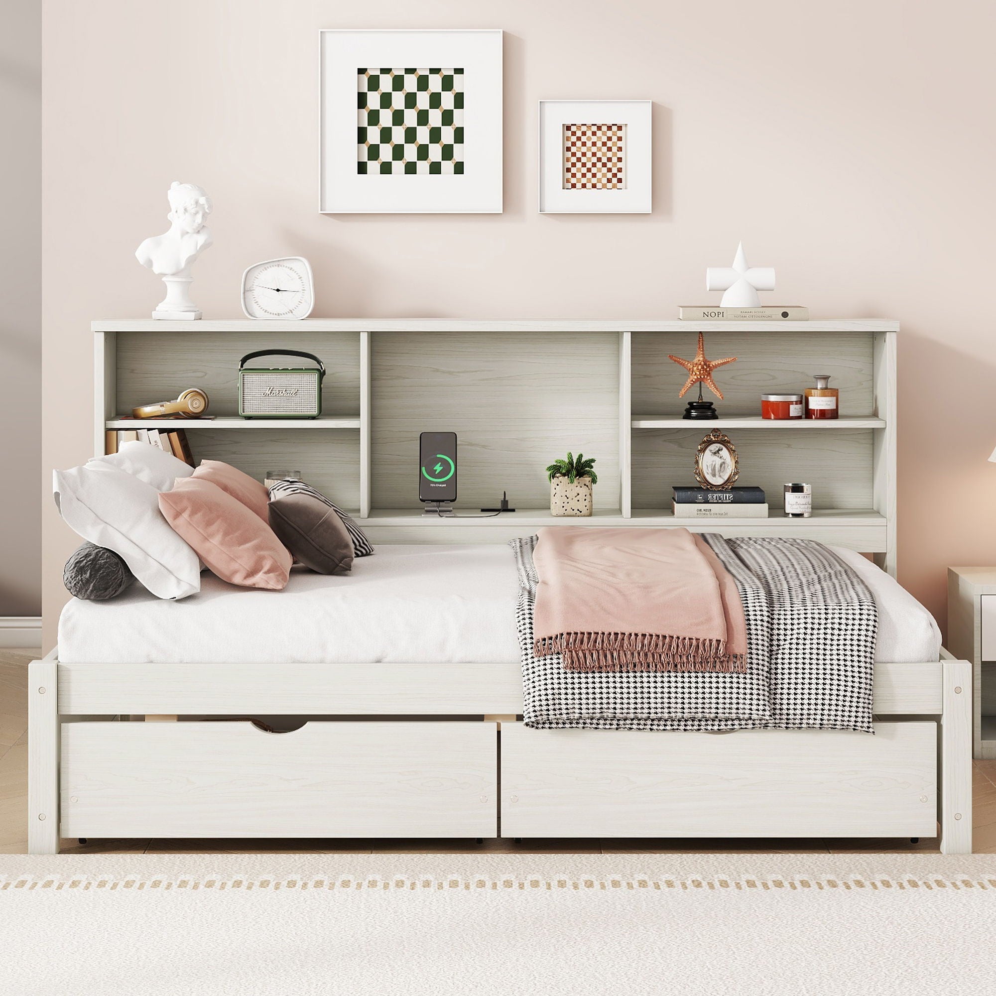 Bed Frame With Side Bookshelves, 2 Drawers, And Built In USB Port