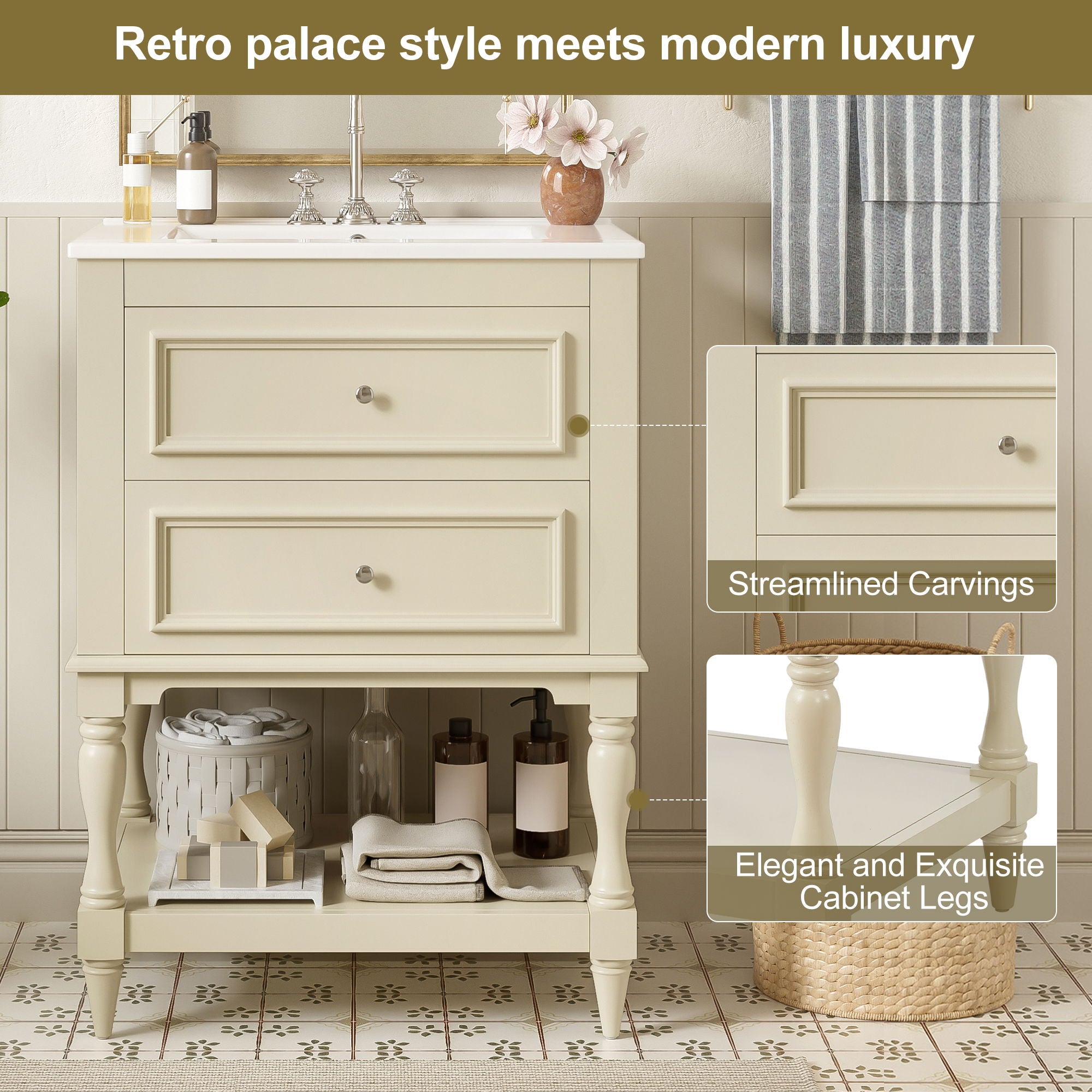 Bathroom Vanity With Sink, 2 Drawers Storage Cabinet, Open Shelf