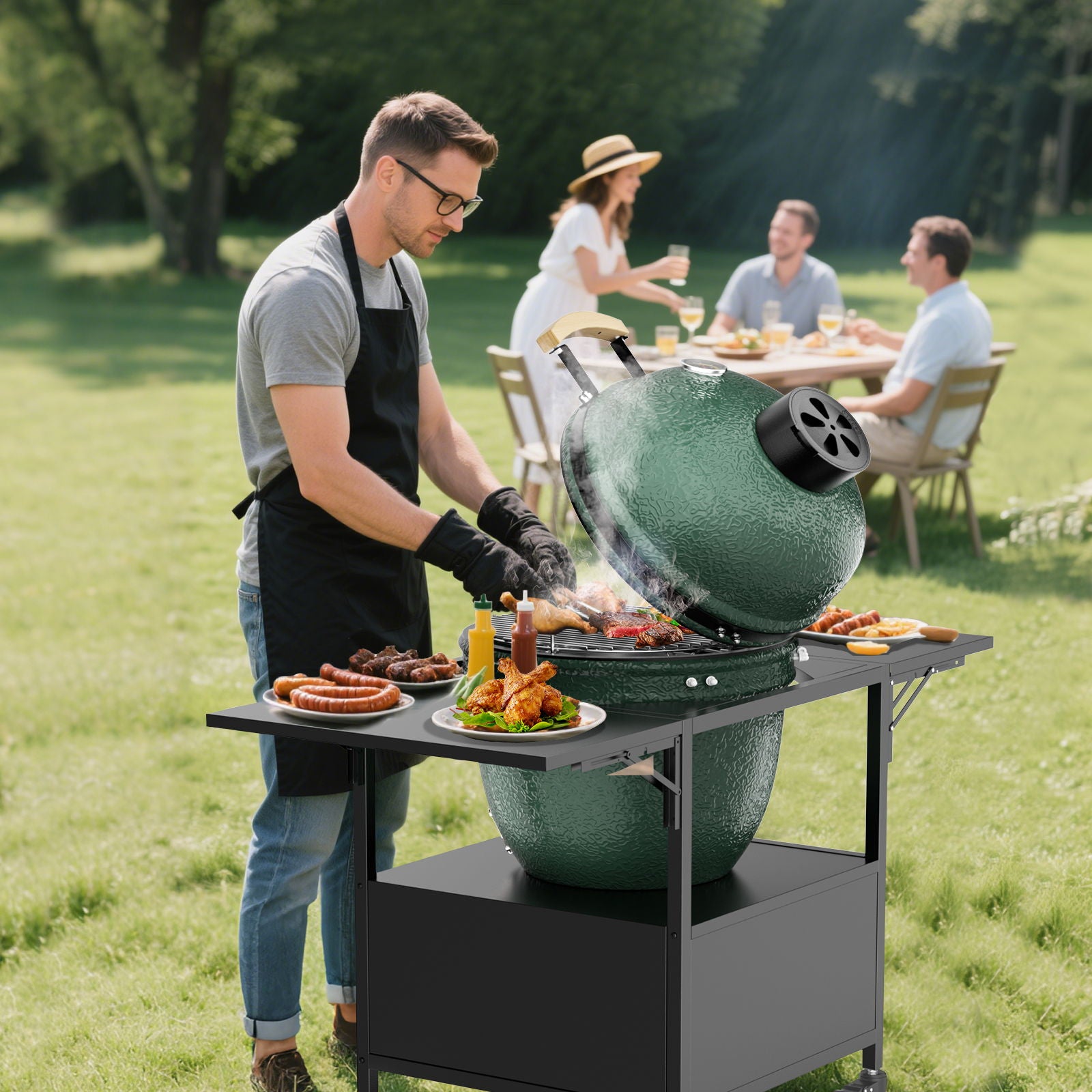 Outdoor Grill Table For Big Egg Style Bbq Metal Grill Cart With 2 Folding Panels Metal - Black