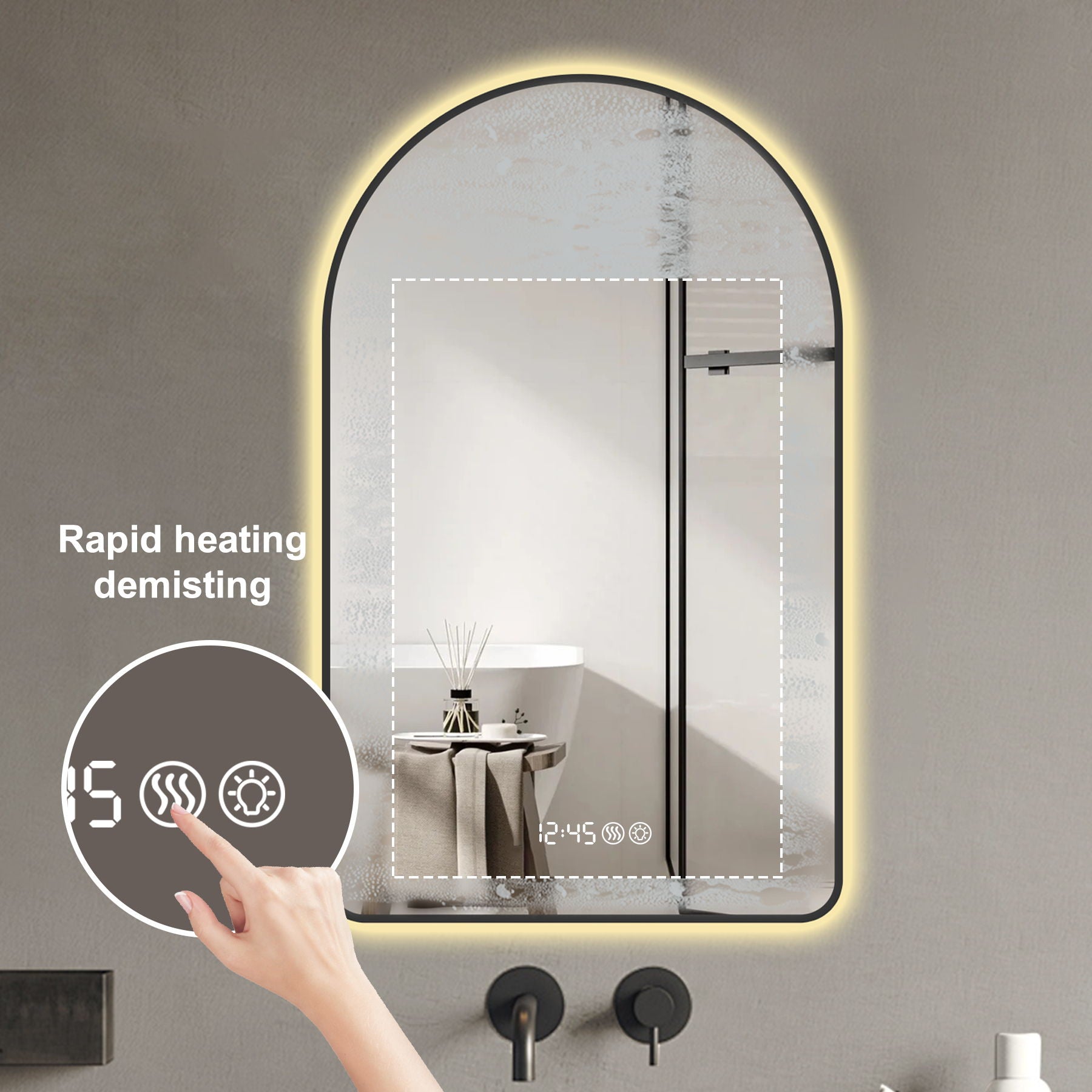 Arched LED Vanity Mirror With Time & Temperature Display, Anti-Fog, Dimmable Backlight In Frame, 3 Color Temperatures