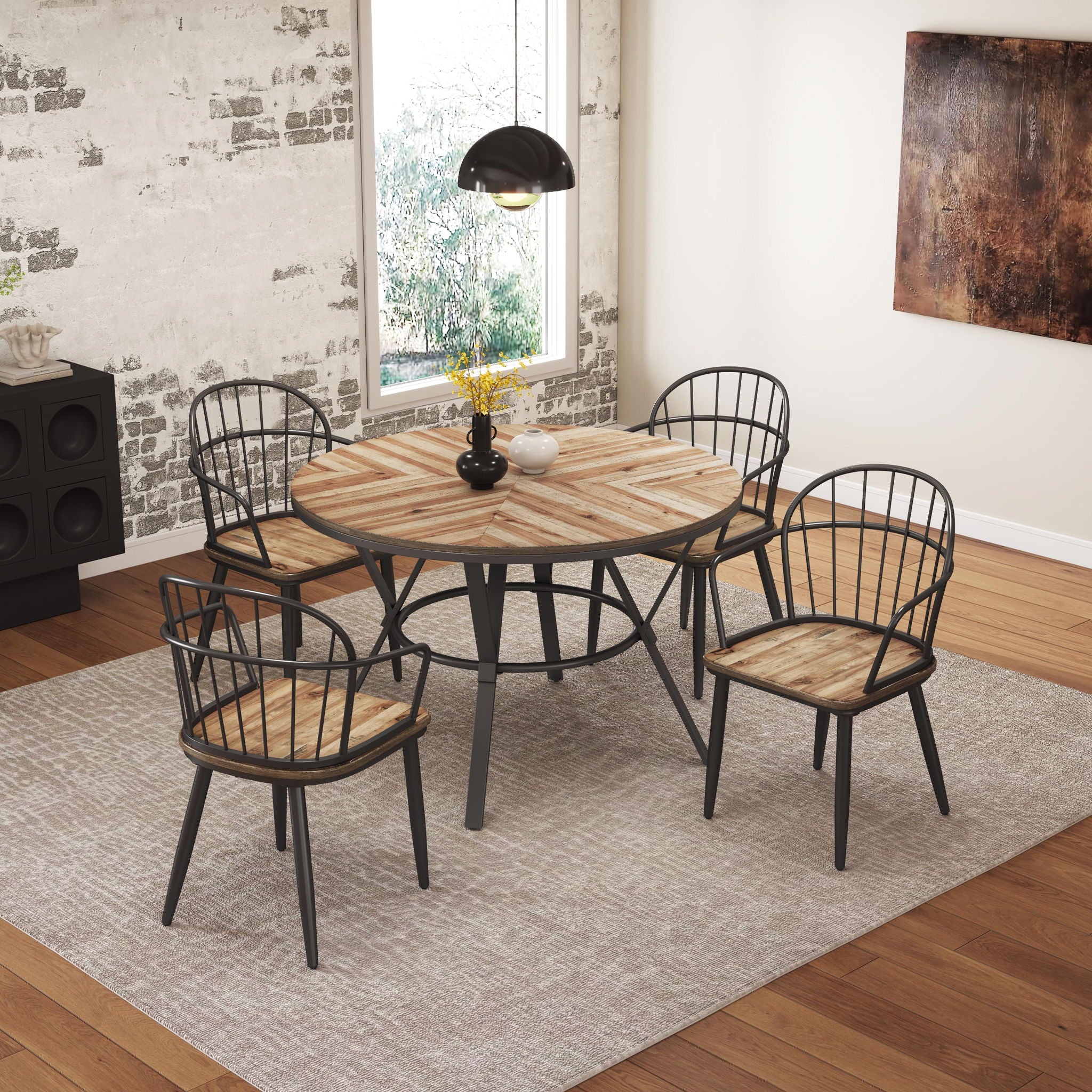 Industrial Inspired Indoor Dining Chair With Metal Legs And Birch (Set of 2) - Black / Natural