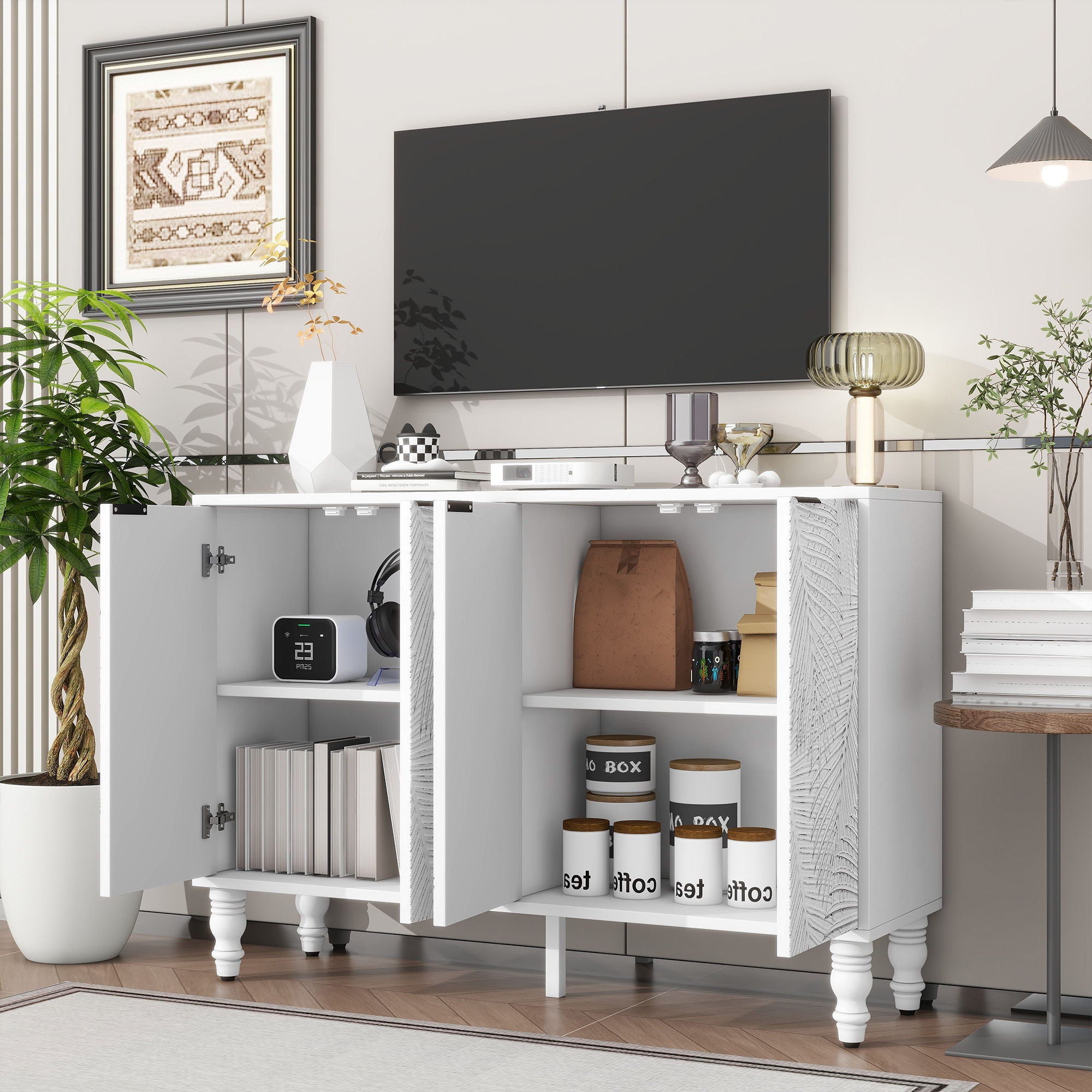 Modern TV Stand With 2 Spacious Storage Space And Anti-Tip Device