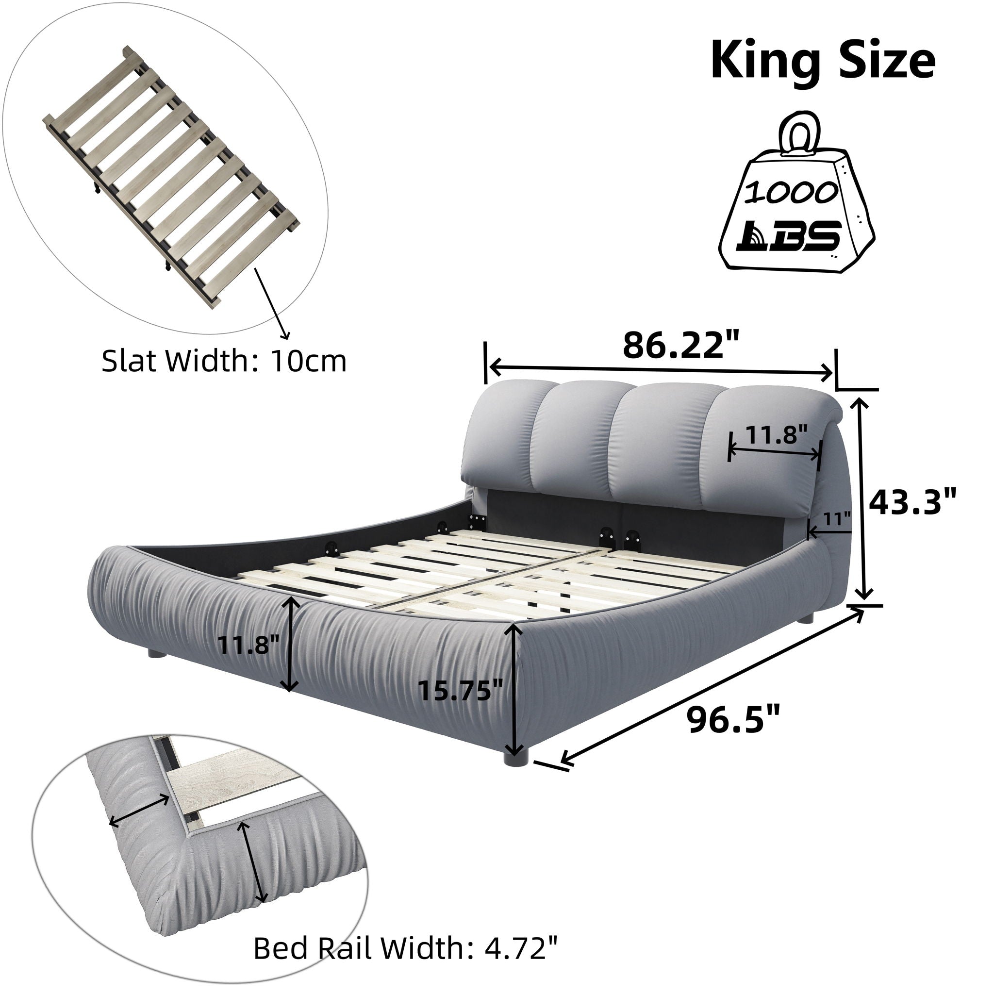 Luxury Upholstered Platform Bed With Oversized Padded Backrest And Solid Wood Frame