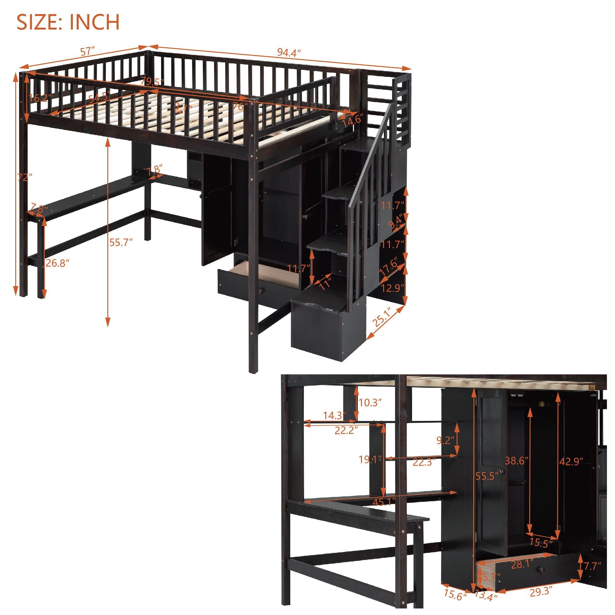 Loft Bed With Bookshelf, Drawers, Desk, And Wardrobe