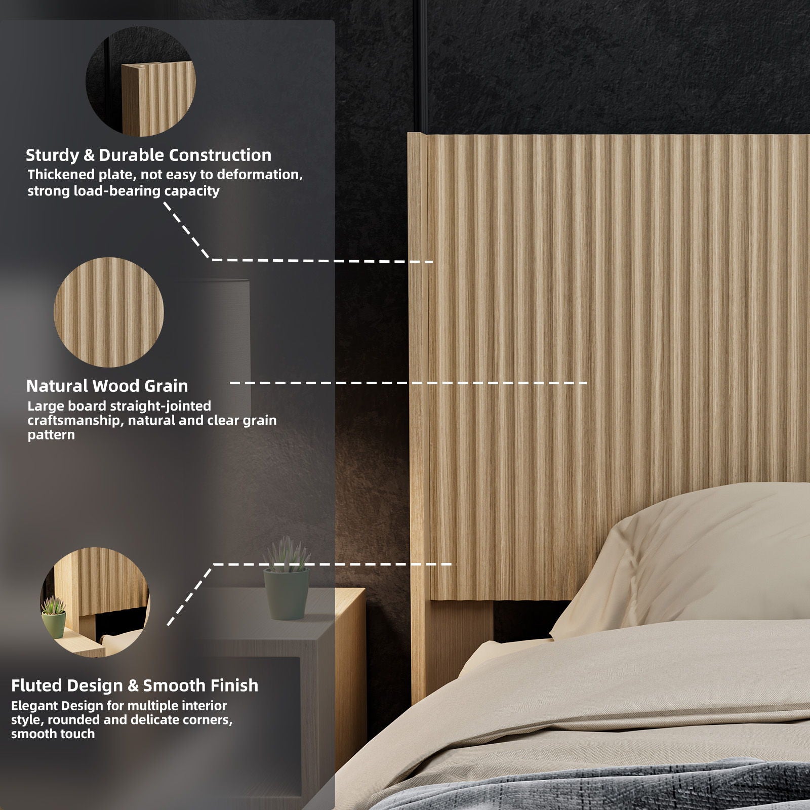 Modern Wide Wall Mounted Fluted Panel Headboard