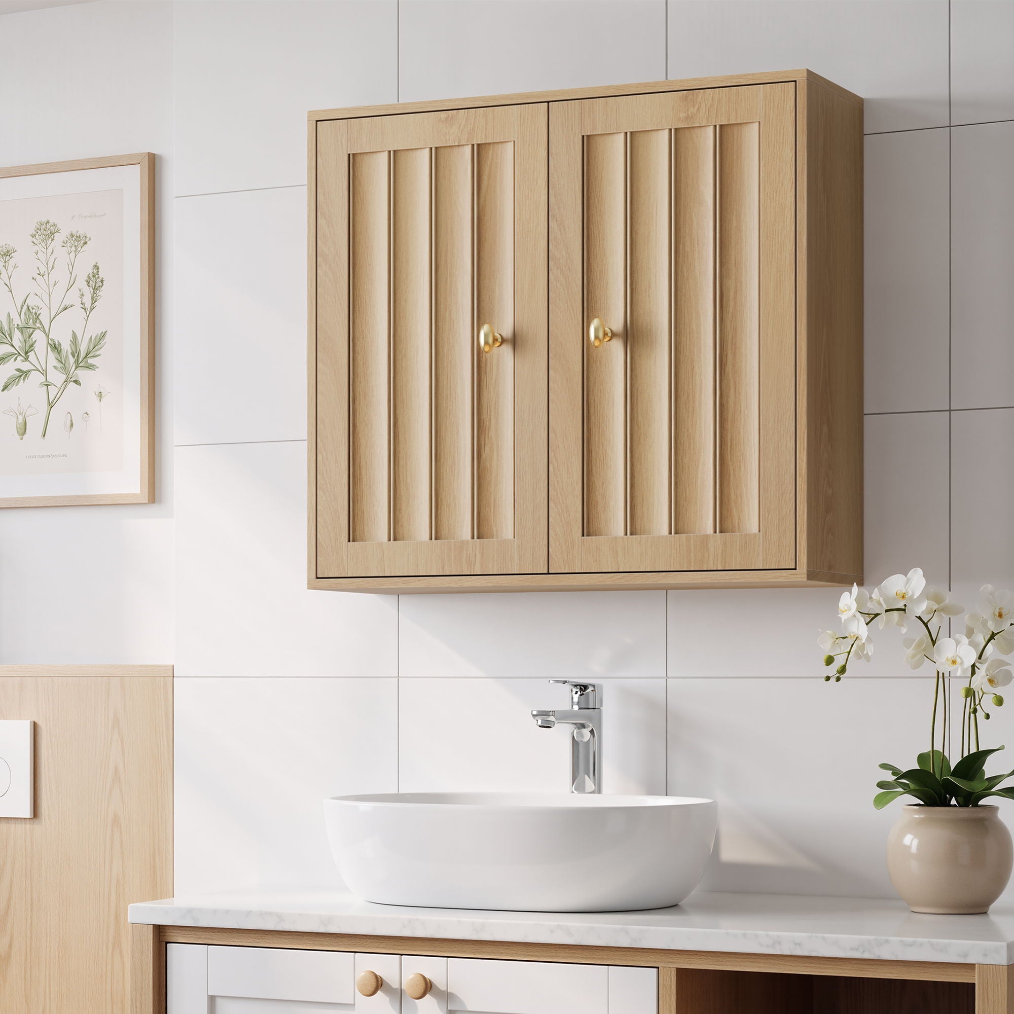 Wall Mounted Bathroom Cabinet With Double Doors And Vertical Grooved Design For Bathrooms - Oak