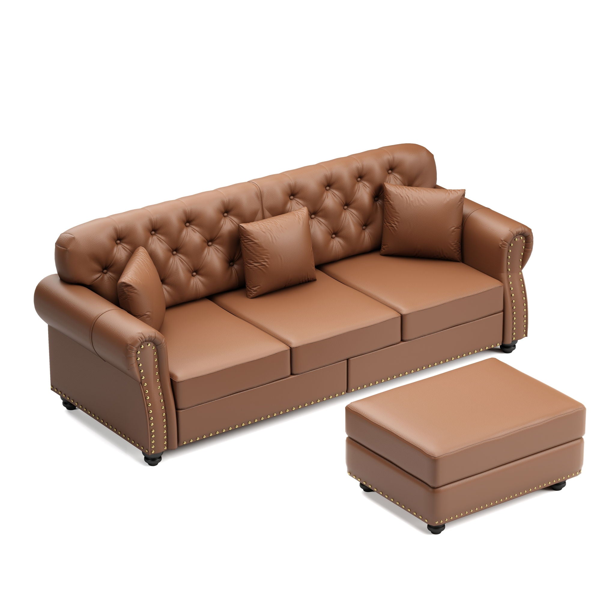 Upholstered Sofa With Nailhead Trim, Rolled Armrests With Ottoman