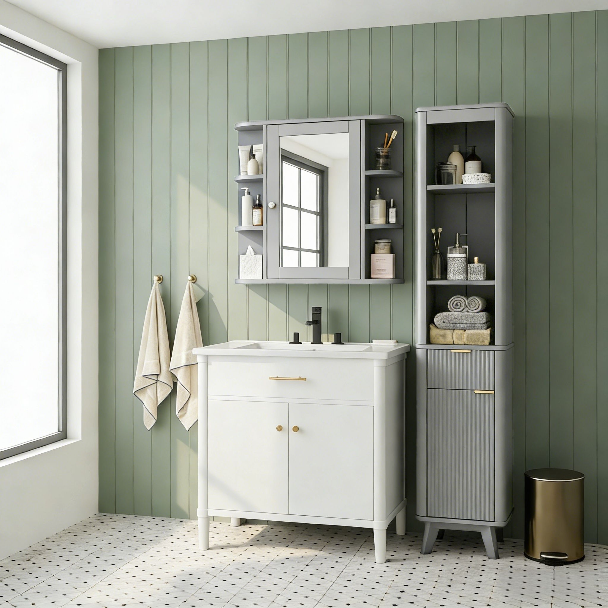 Bathroom Wall Storage Cabinet With Mirror And Adjustable Shelf, 6 Open Shelves