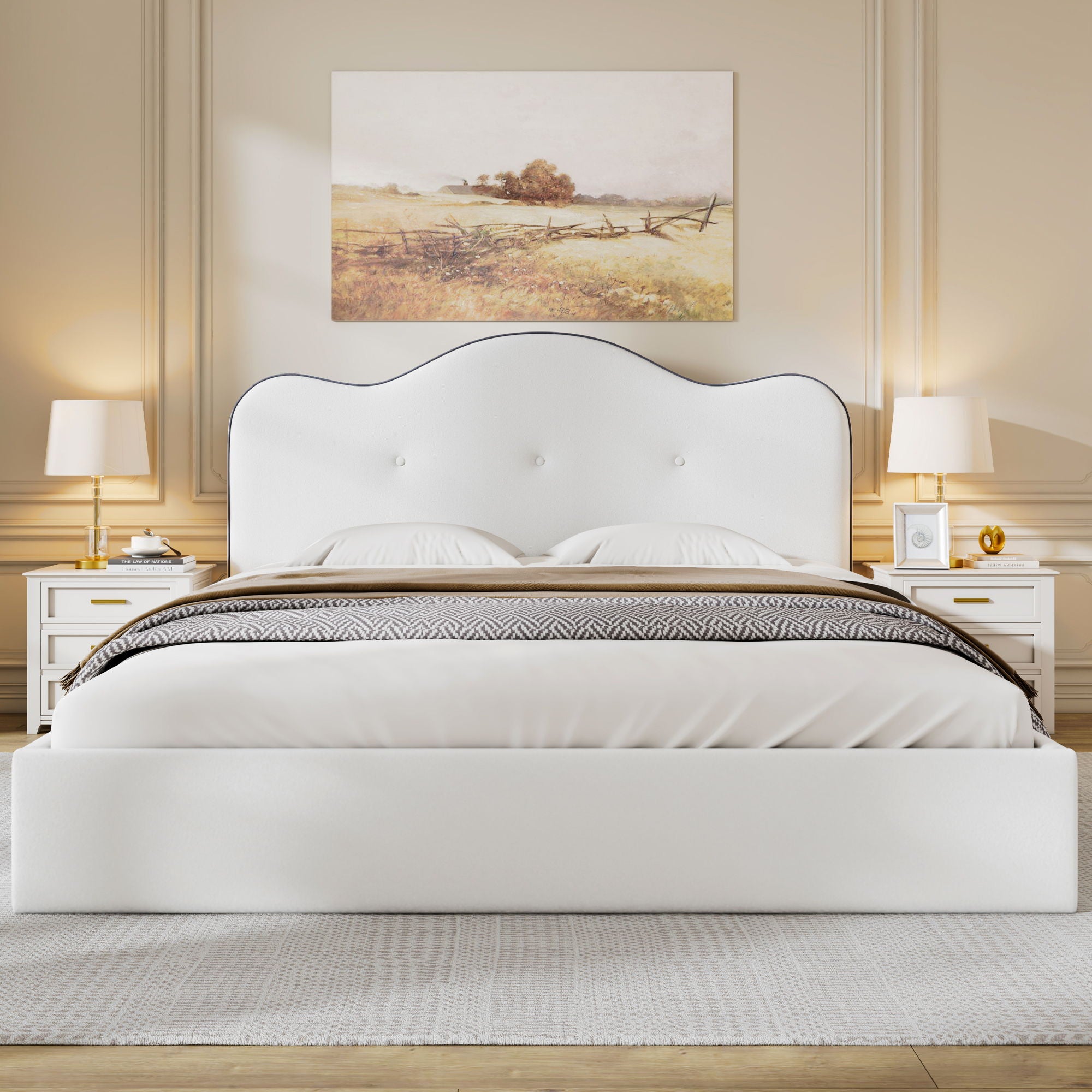 Upholstered Platform Bed With Sturdy Frame And Headboard