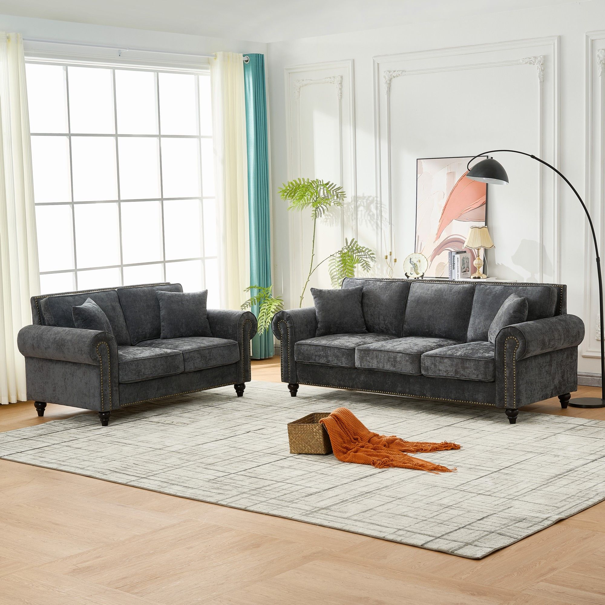 3 Seater Sofa With Tufted Upholstery, Rolled Arms, Nailhead Trim