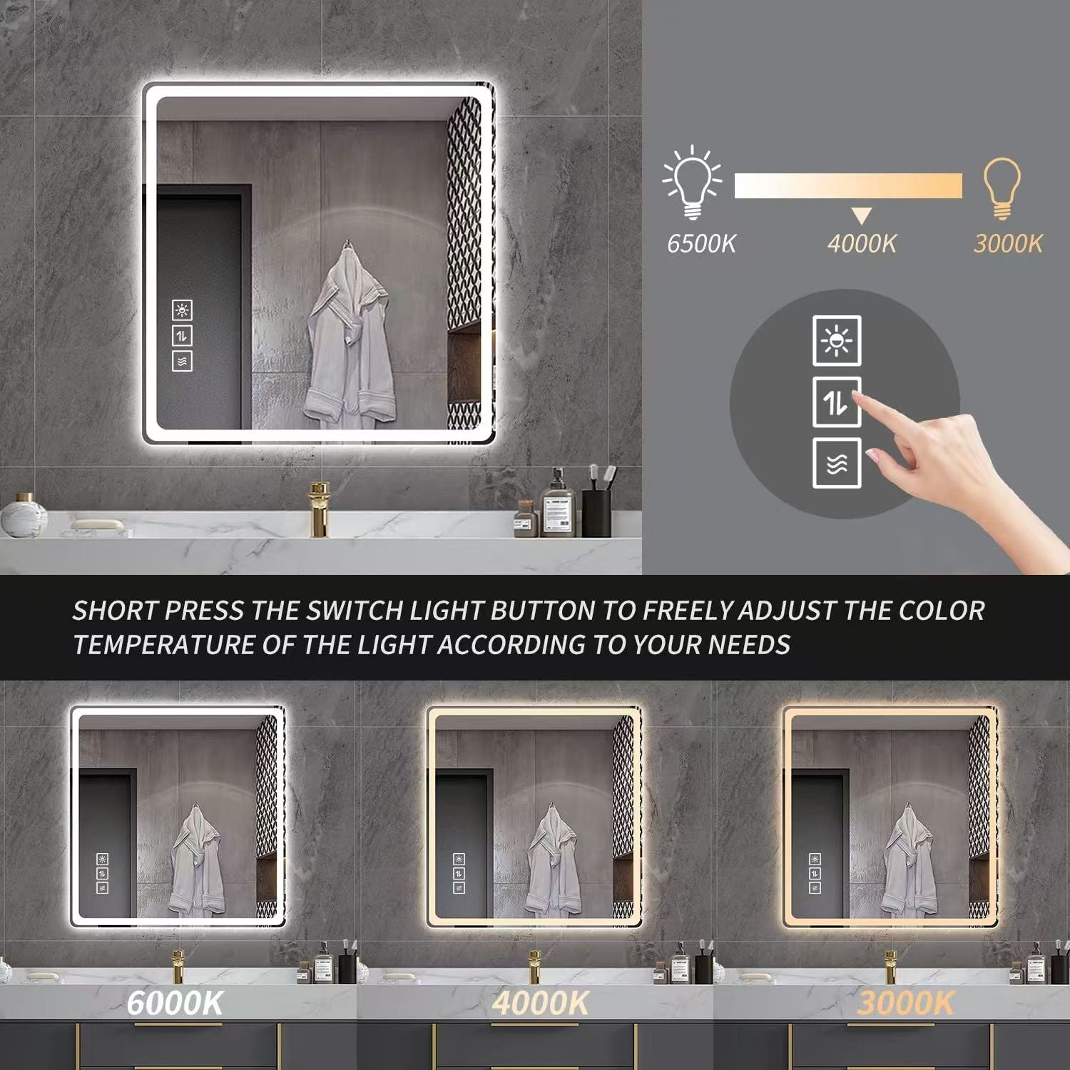 LED Bathroom Mirror, Anti Explosion Glass, Rust Resistant, Anti Fog, Tri Color