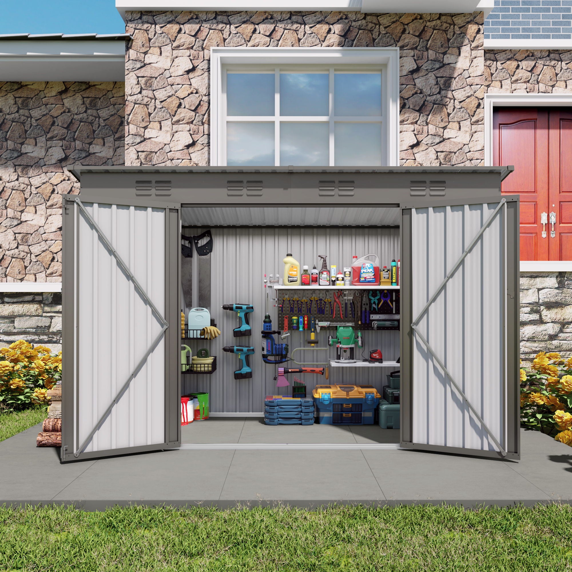 Outdoor Storage Shed, Tool House With Sloping Roof, 6 Vents And 2 Swing Doors For Backyard - Gray