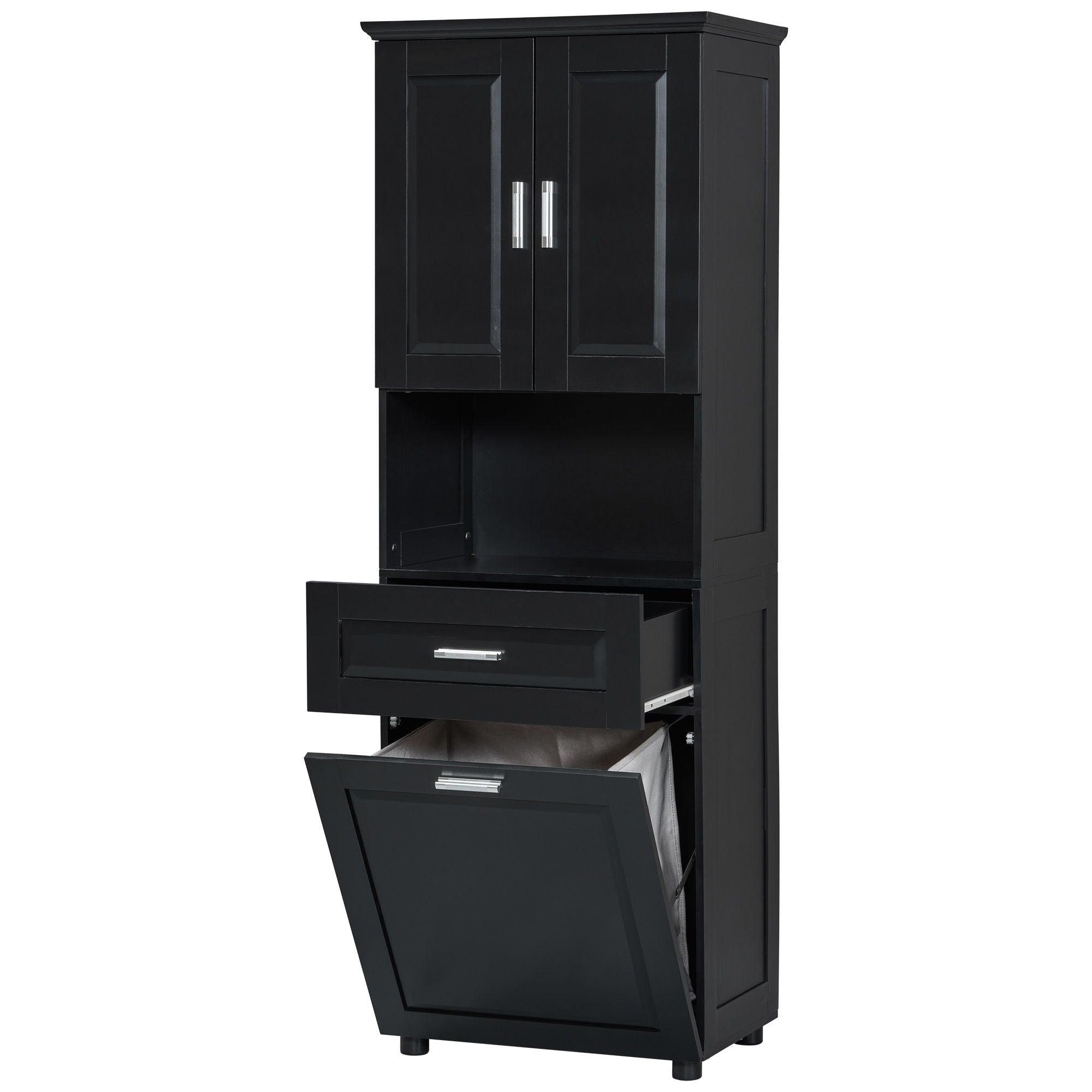 Tall Bathroom Cabinet With Tilt-Out Laundry Basket And Upper Storage