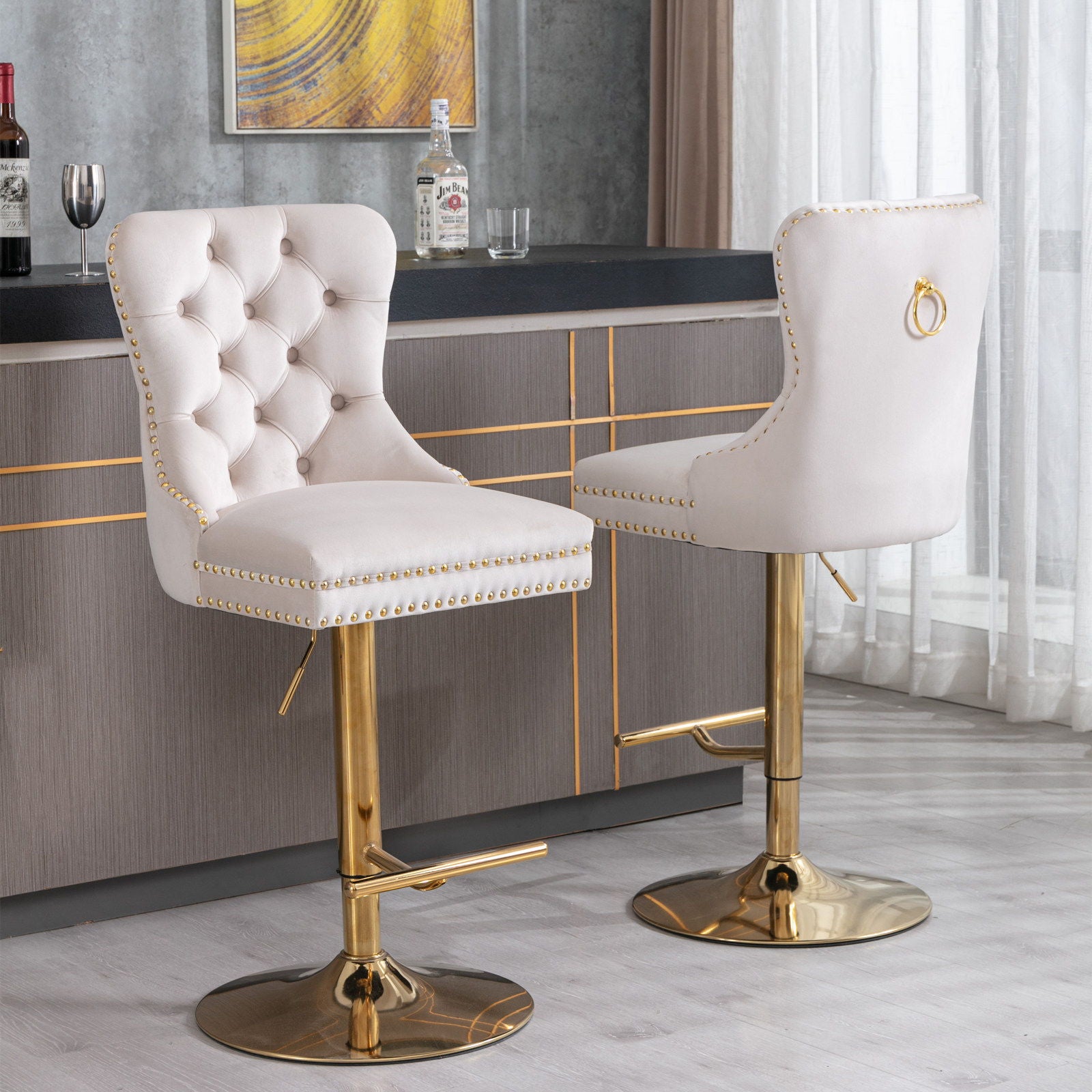 Thick Swivel Barstools Adjusatble Seat Height From 25-33", Modern Upholstered Bar Stools With Backs Comfortable Tufted For Home Pub And Kitchen Island (Set of 2)