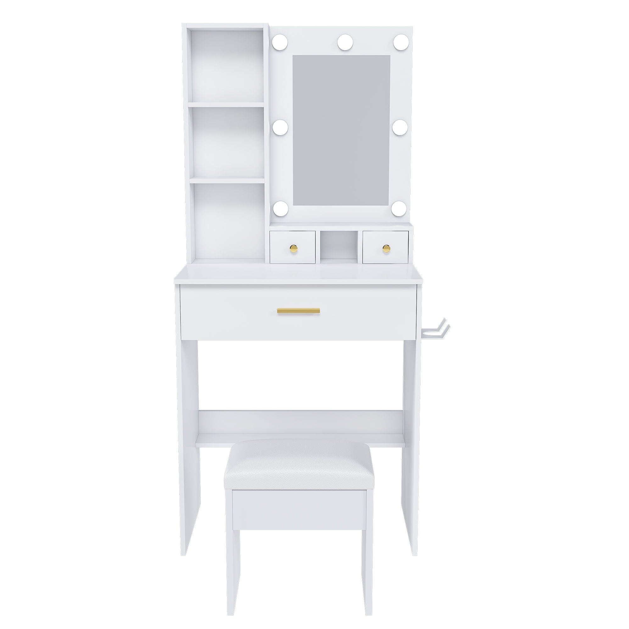 Vanity Table With Mirror, Adjustable LED Lights, Power Outlet, Hairdryer Holder & Stool