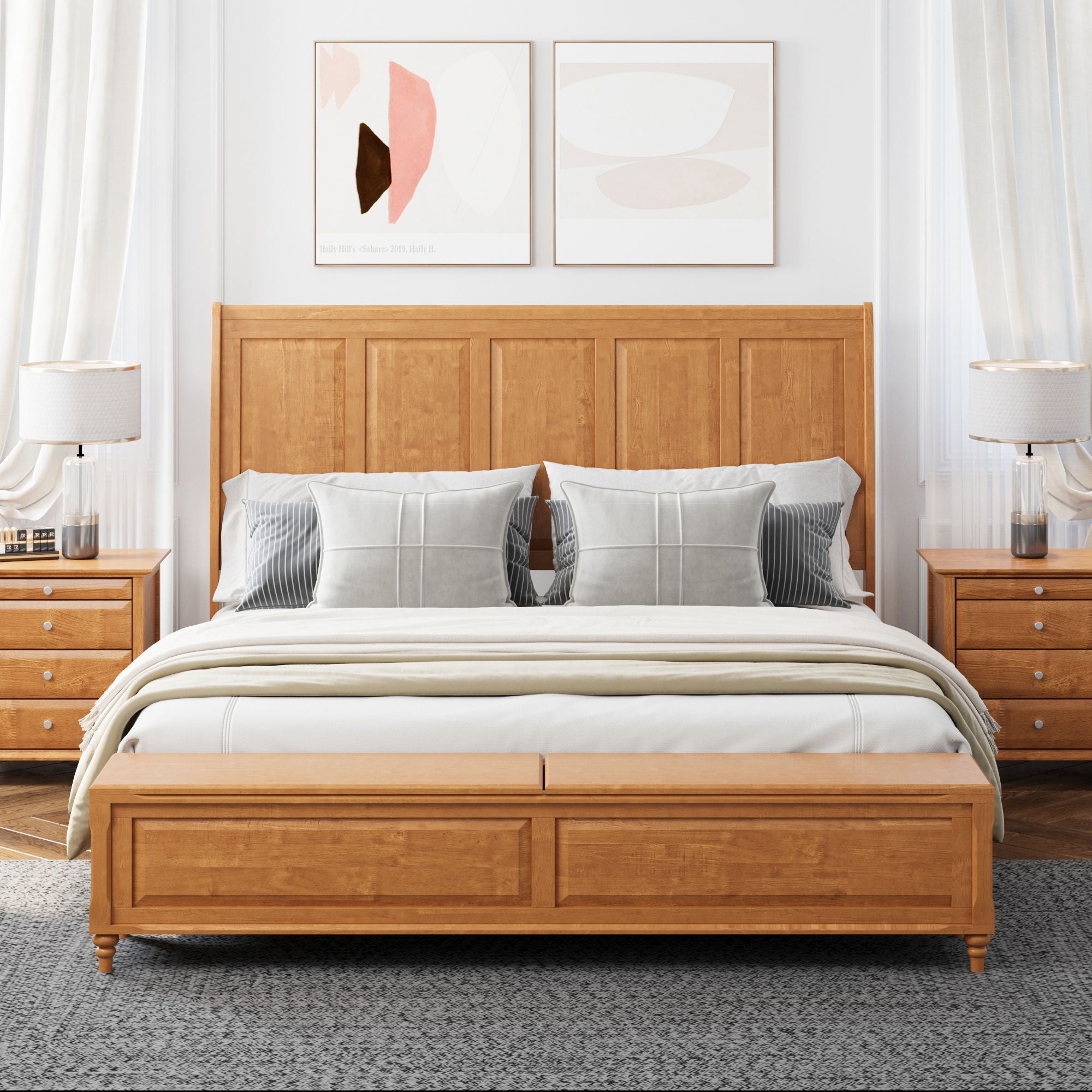 Sleigh Bed Frame With Tall Headboard And Storage Bench