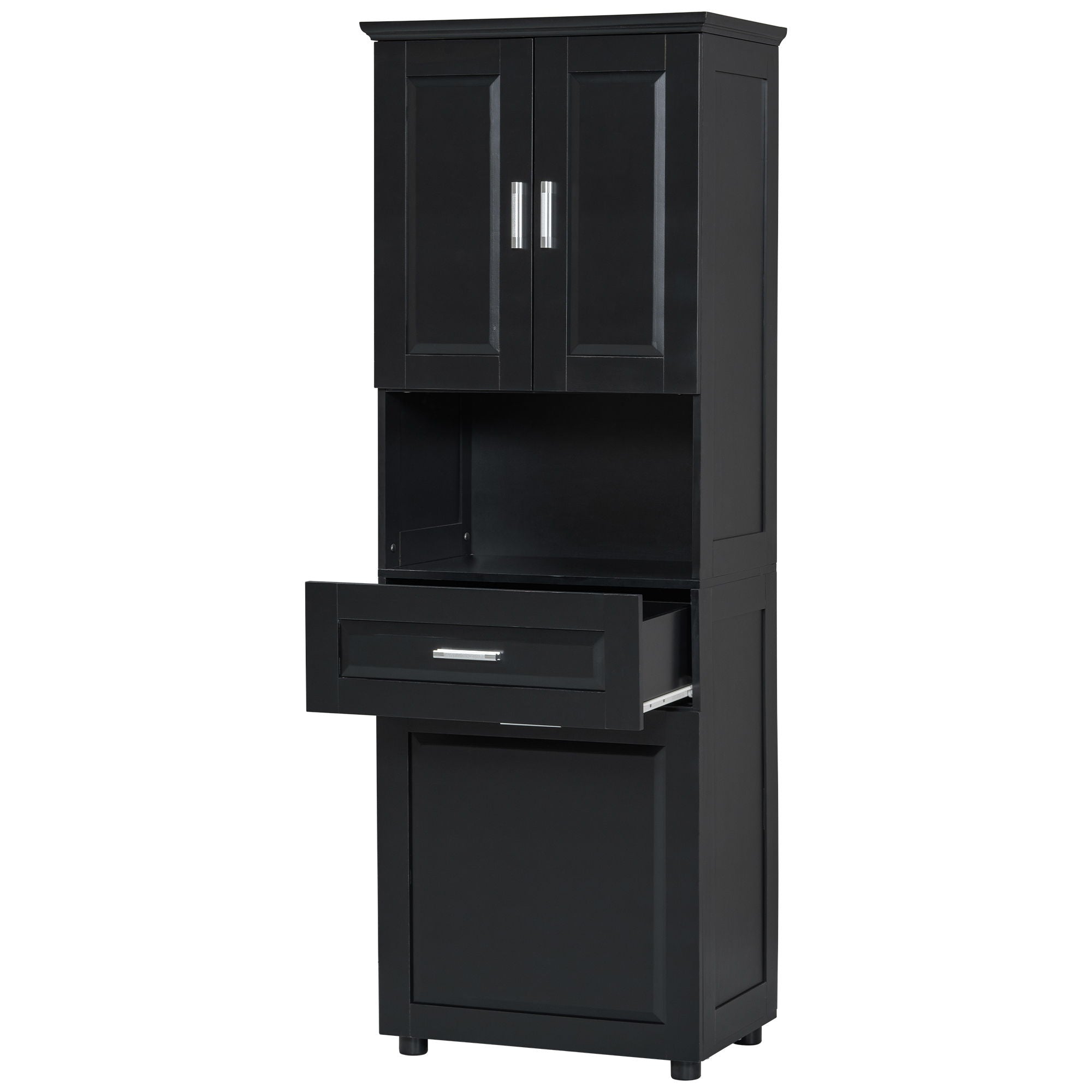 Tall Bathroom Cabinet With Tilt-Out Laundry Basket And Upper Storage