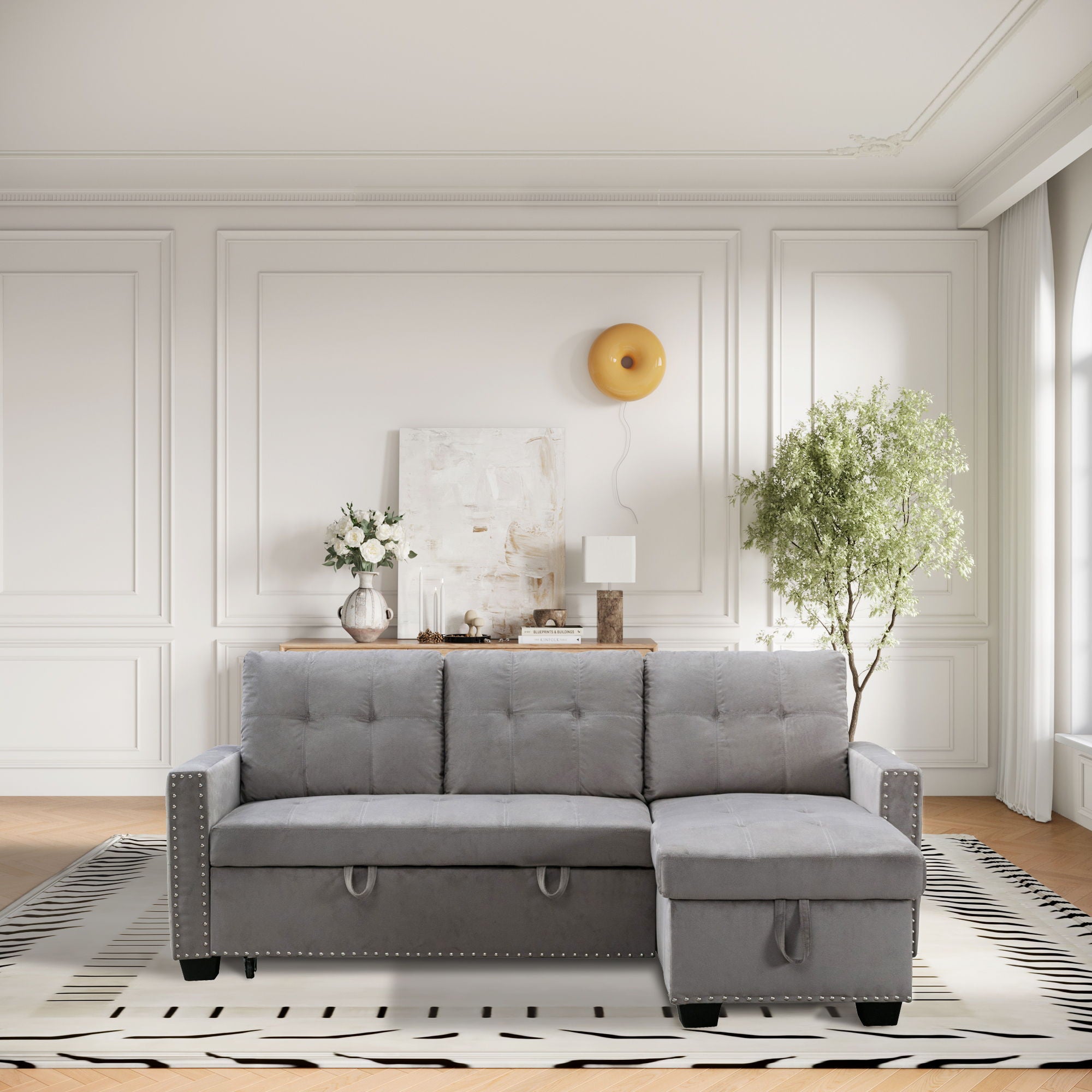 Reversible Sectional Storage Sleeper Sofa Bed, L-Shape 2 Seat Sectional Chaise With Storage, Skin-Feeling Fabric