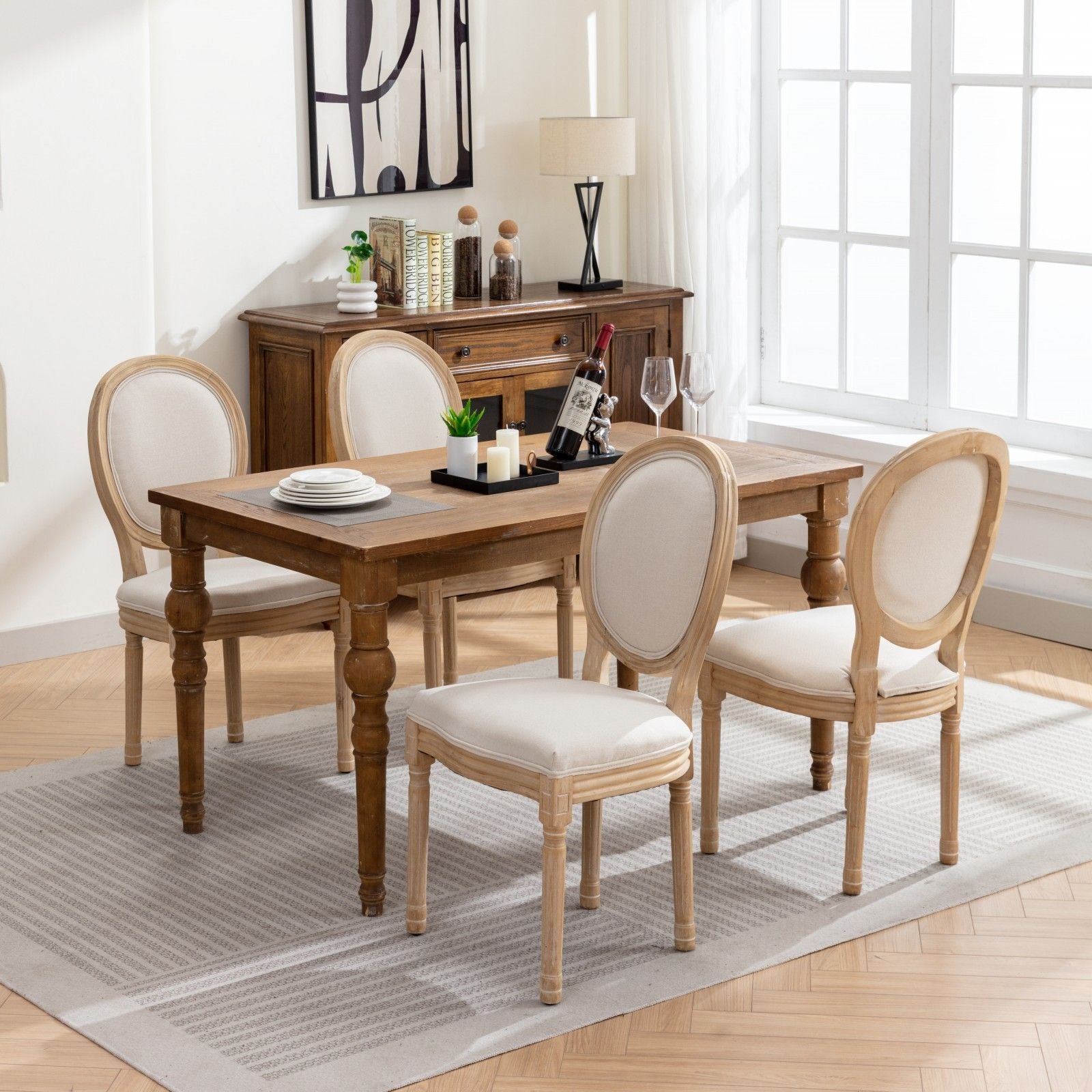 French Style Solid Wood Frame Antique Painting Fabric Back Dining Chair (Set of 2)