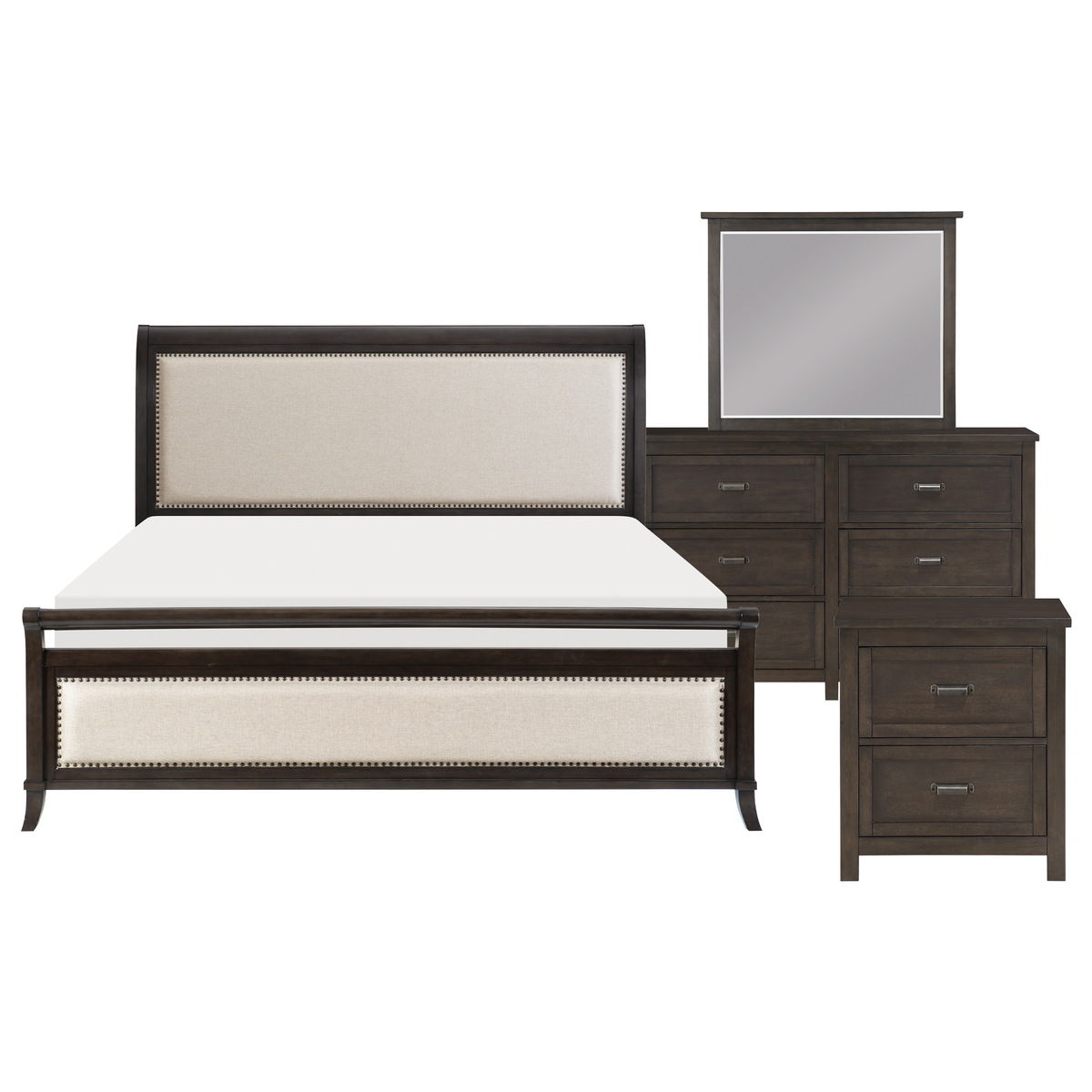 Hebron - 4 Piece Set (Queen Bed, Nightstand, Dresser, Mirror) - Dark Brown / Beige