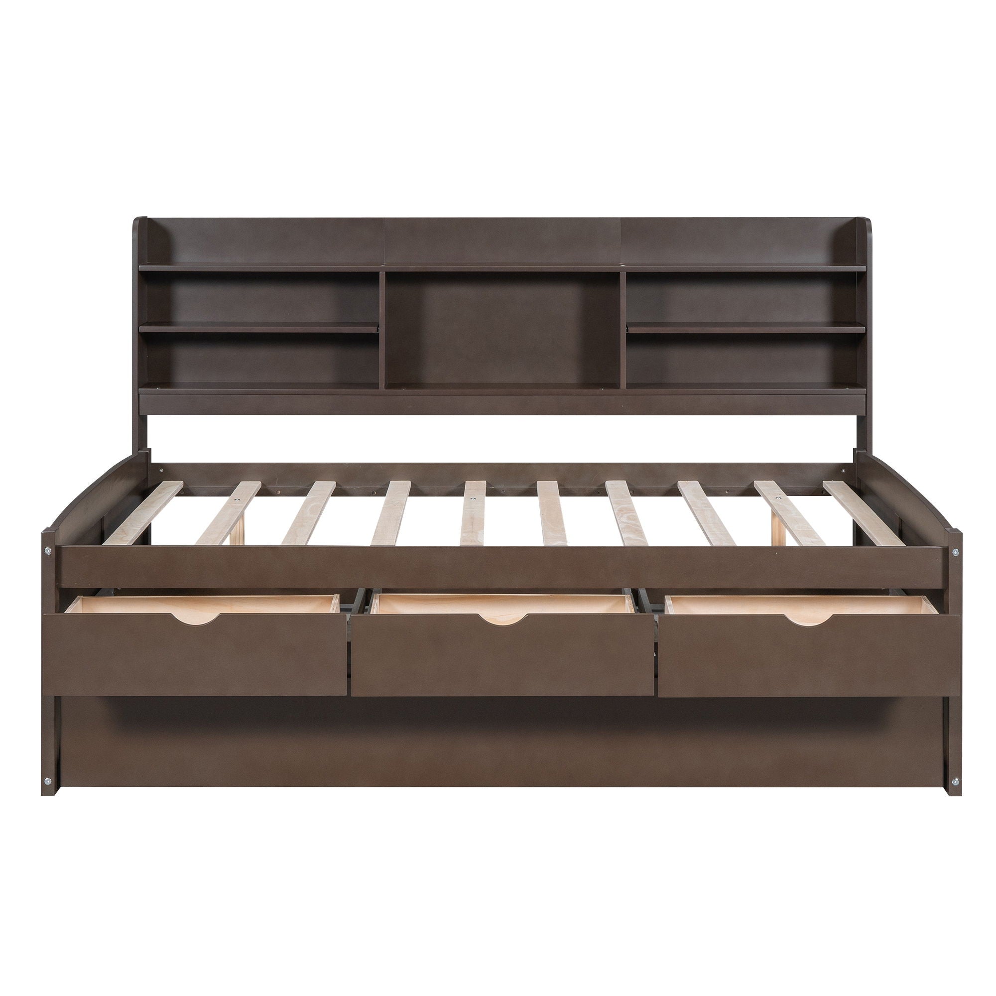 Captain Bed With Built In Bookshelves, 3 Storage Drawers, And Trundle