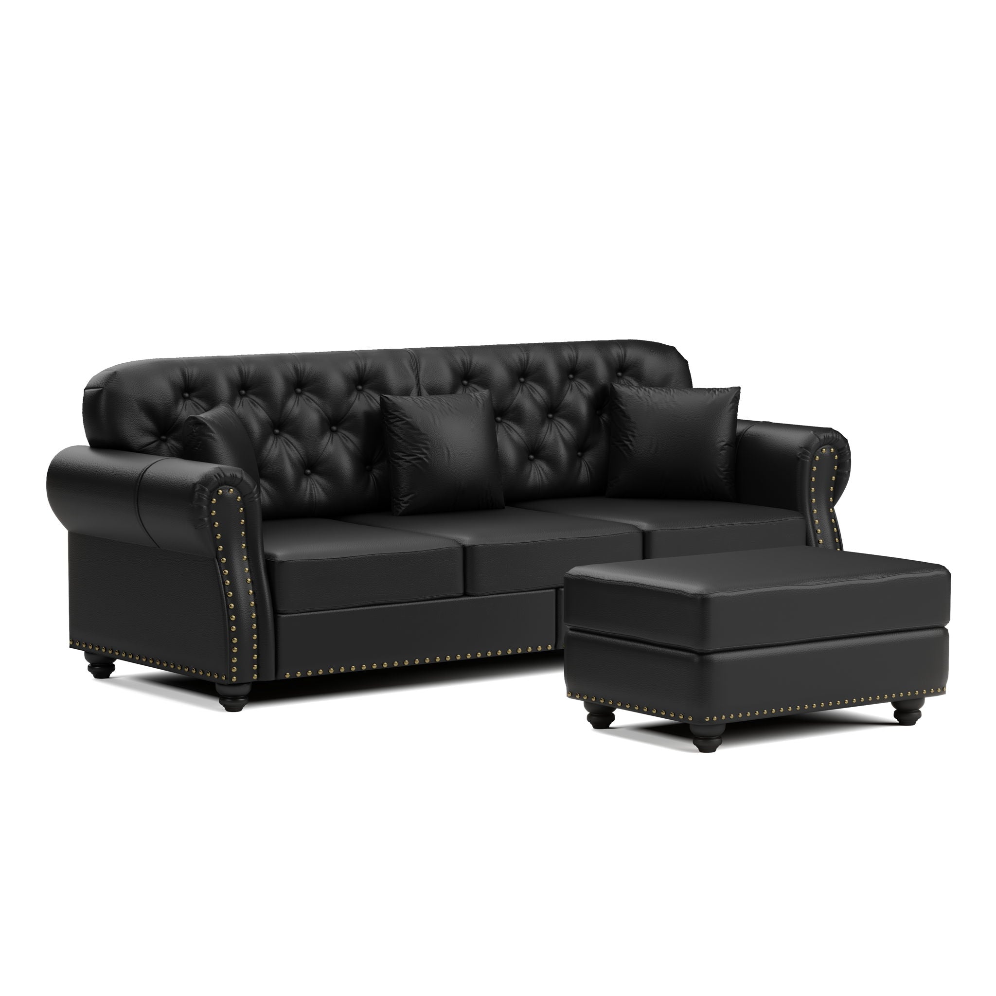 Upholstered Sofa With Nailhead Trim, Rolled Armrests With Ottoman