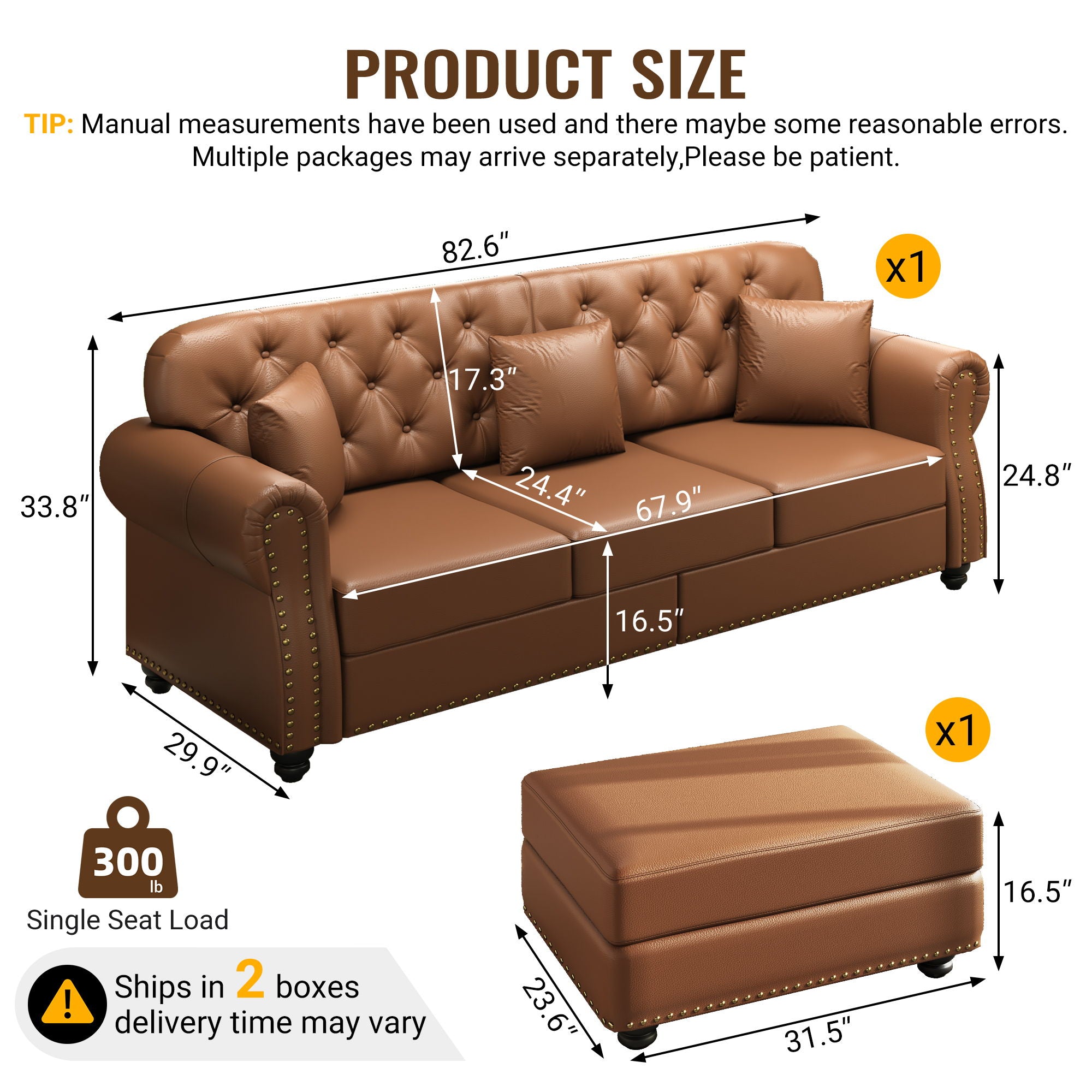 Upholstered Sofa With Nailhead Trim, Rolled Armrests With Ottoman