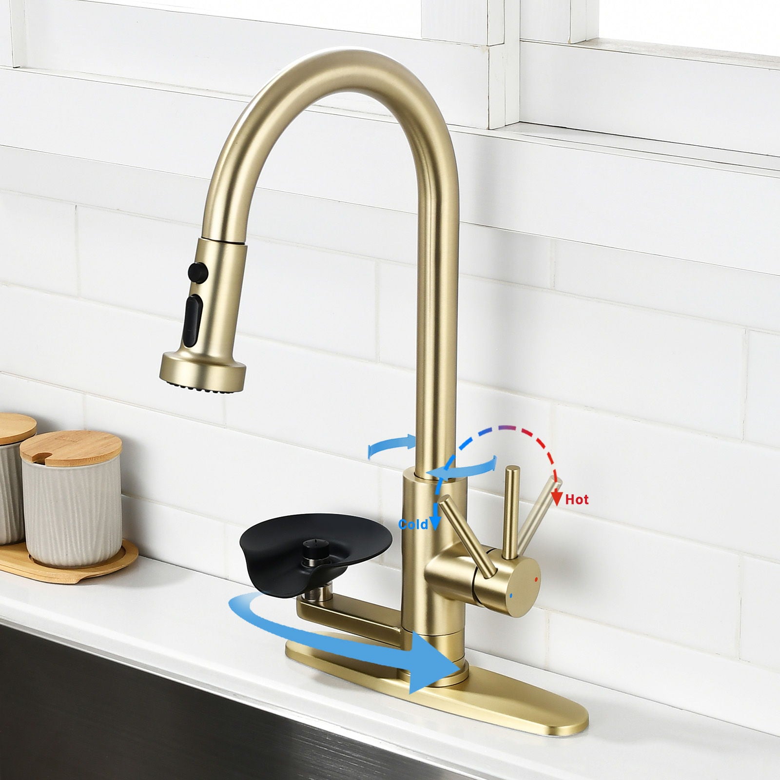 3 In 1 Kitchen Faucet With Press Type Glass Rinser, High Arc Pull Down Sprayer