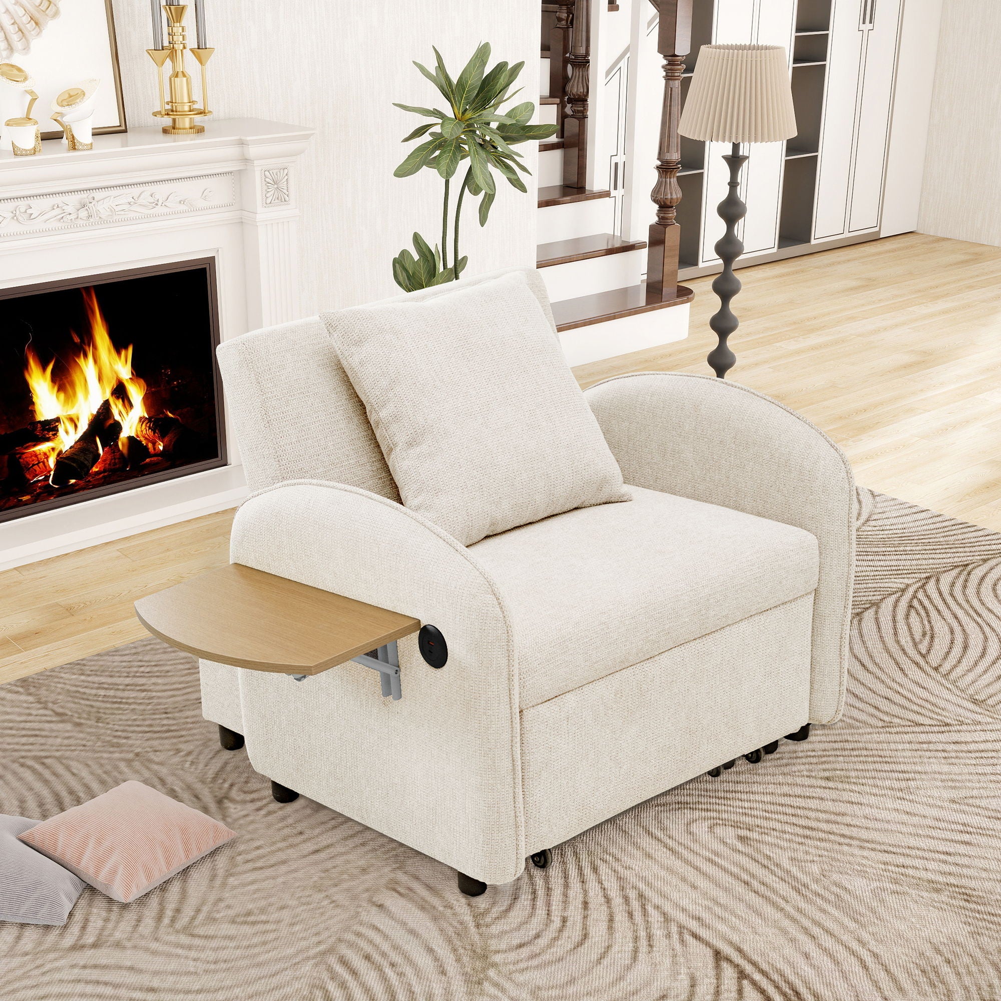 Convertible Single Chair Bed With Computer Board And USB Ports, 3 In 1 Sofa Bed - Beige