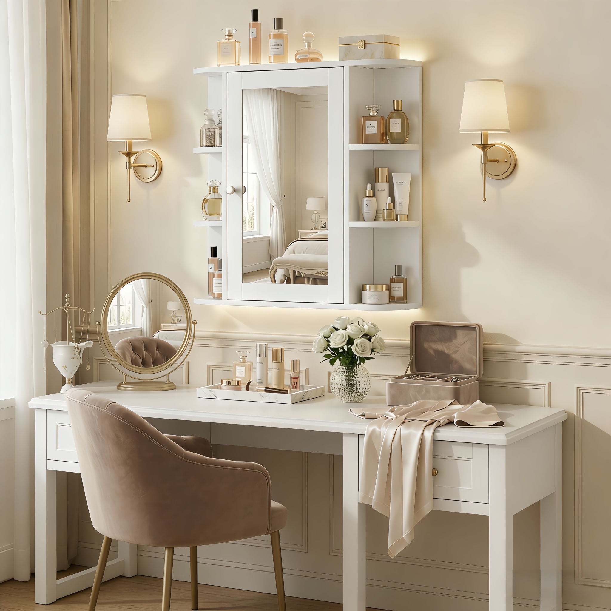 Bathroom Wall Storage Cabinet With Mirror And Adjustable Shelf, 6 Open Shelves
