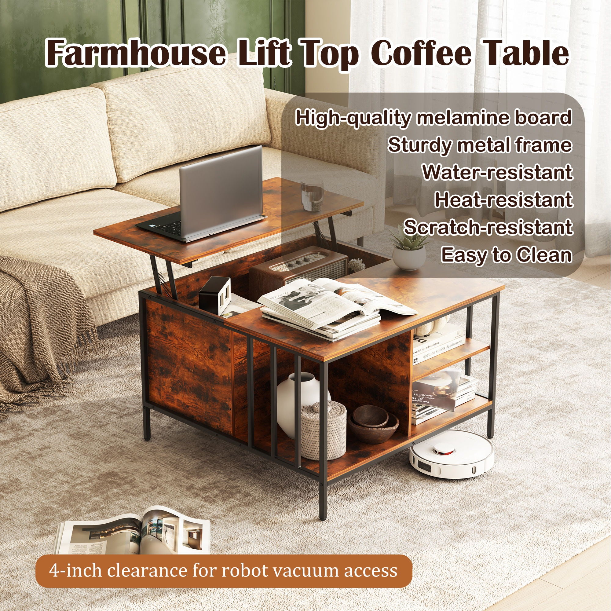 Lift Top Coffee Table With Storage, Adjustable Height Living Room - Black / Brown