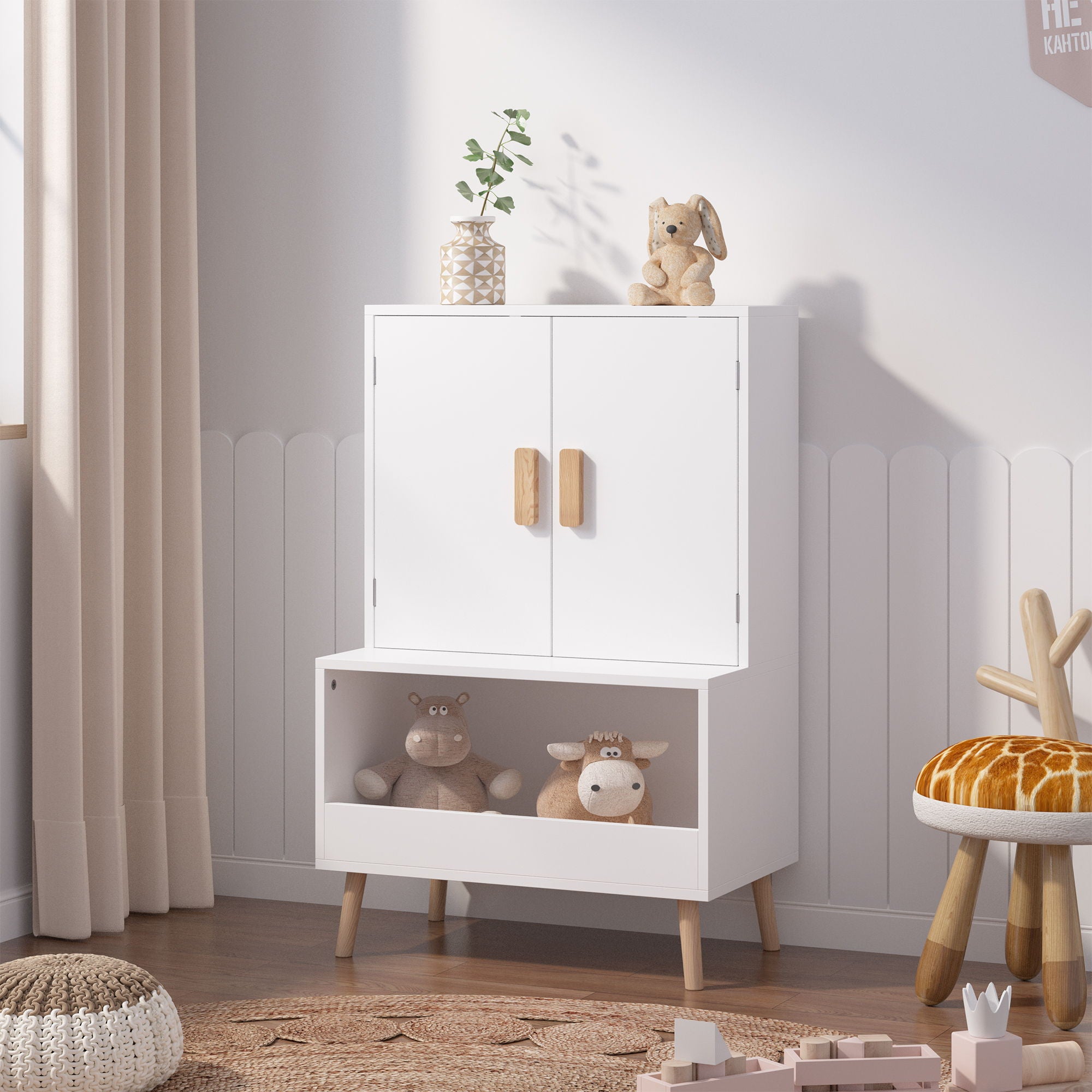 Toy Storage Cabinet With Doors And Open Shelf, Toddler Bookshelf For Playroom - White