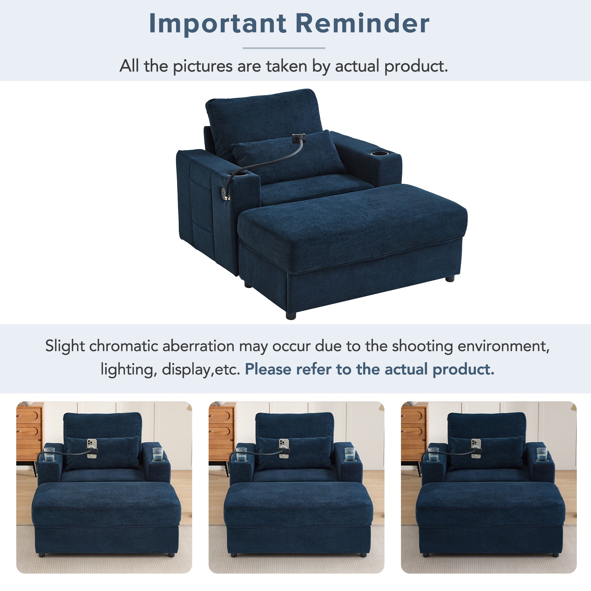 Modern Style Armchair Chaise Lounge Sofa Couch With Movable Storage Ottoman, USB Ports, Cup Holders, Phone Holder, Side Pockets