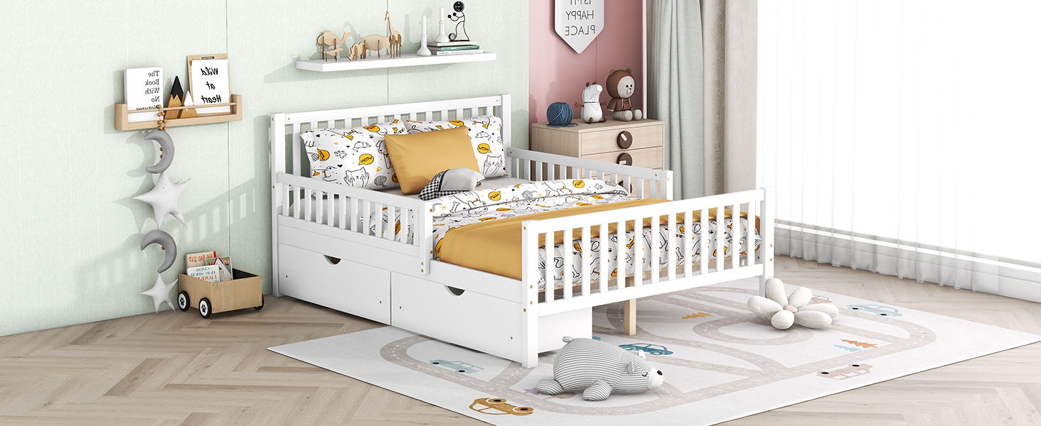 Platform Bed With Guardrails On Both Sides And 2 Storage Drawers