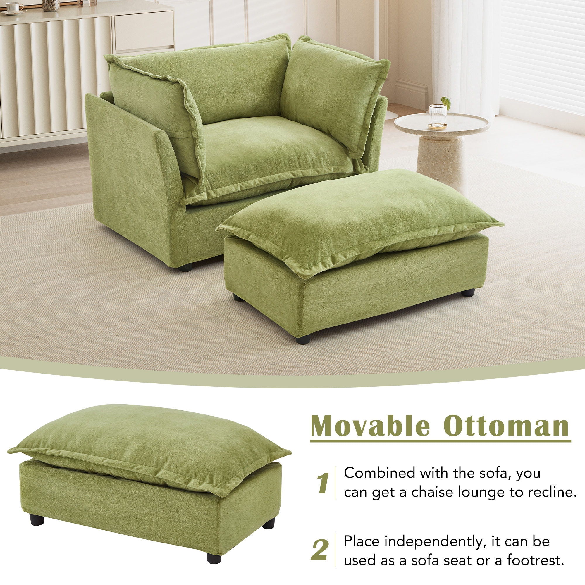 Modern Cozy Upholstered Armchair Sofa With Movable Ottoman