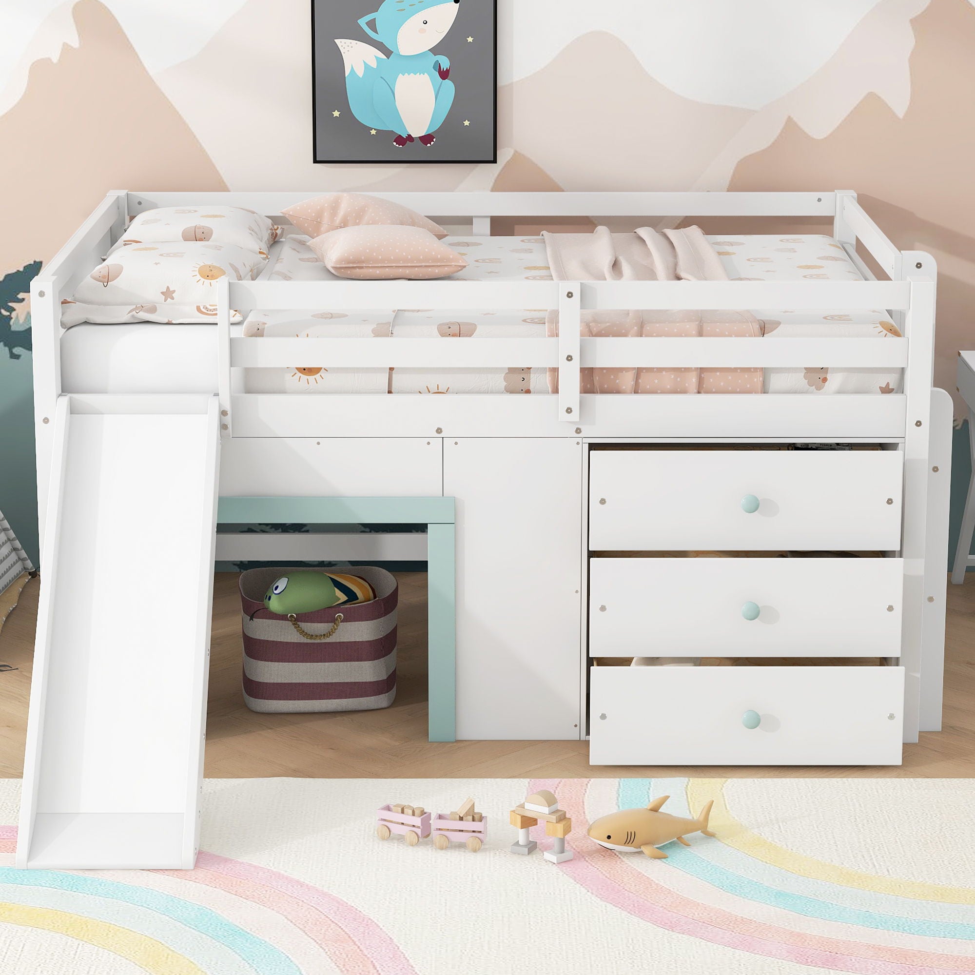 Modern Low Loft Bed With Slide, 3 Storage Drawers, And 2 Doors