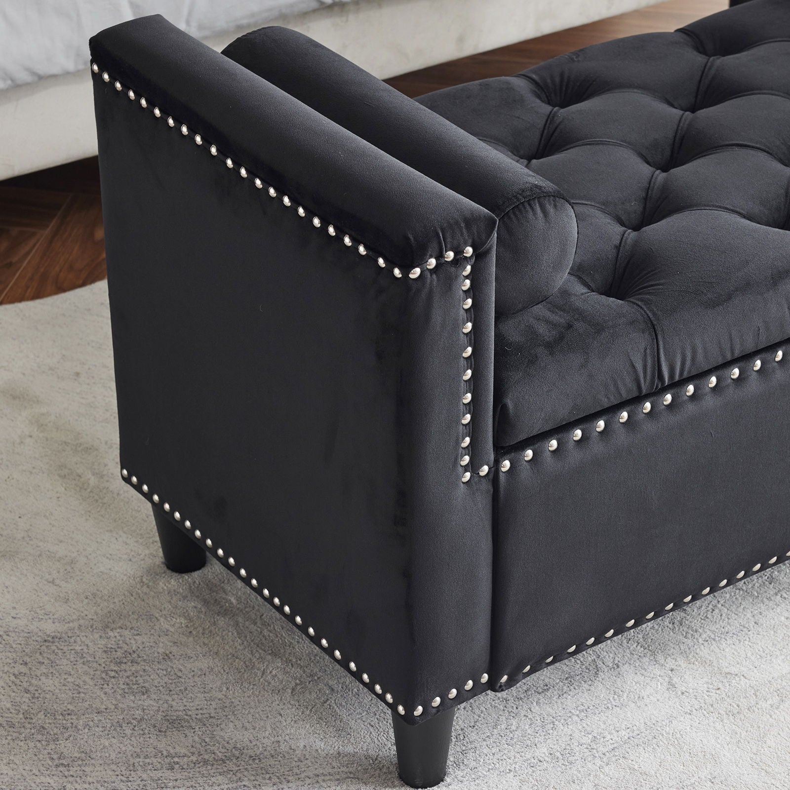 Queen Button Bedside Storage Bench With Armrests, Nailhead Trim