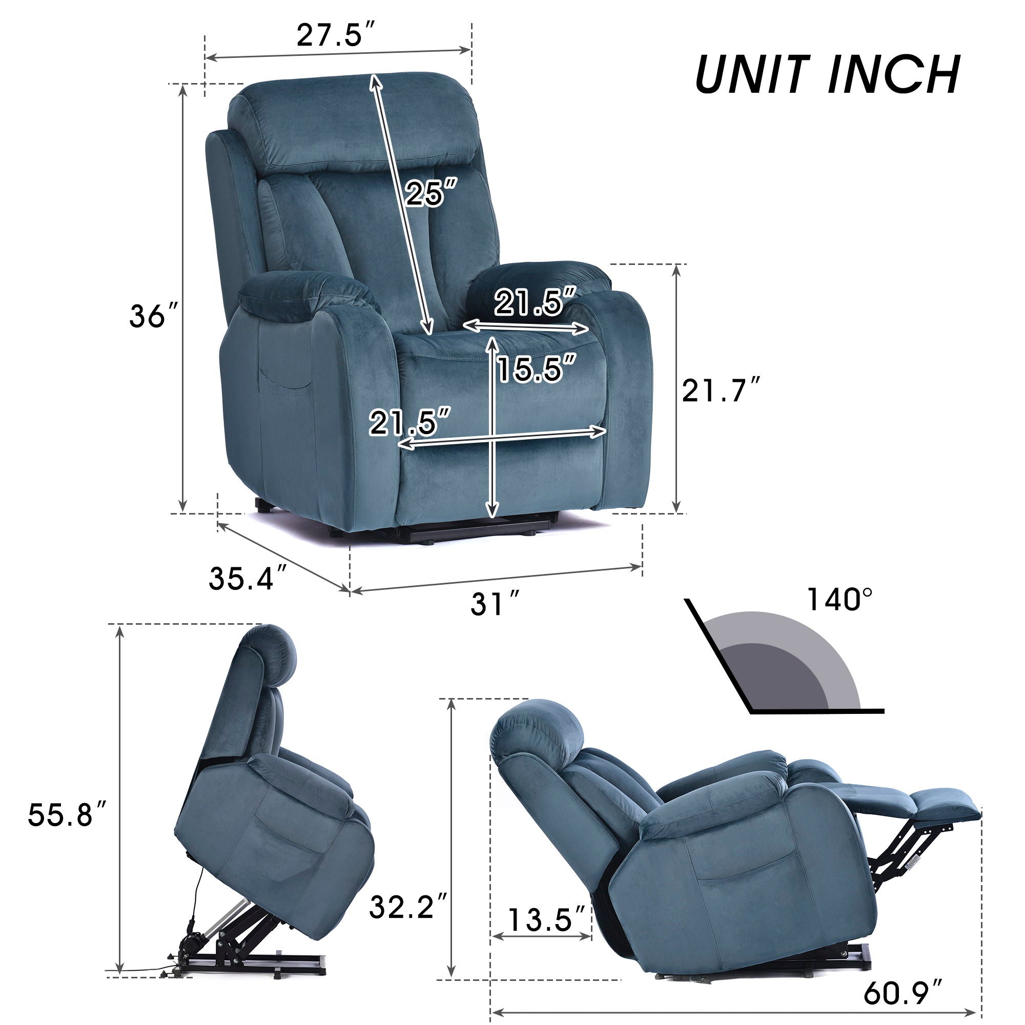 Power Lift Chair Recliner With Remote Control, Electric Reclining Sofa, Fabric Power Recliner For Living Room - Navy Blue