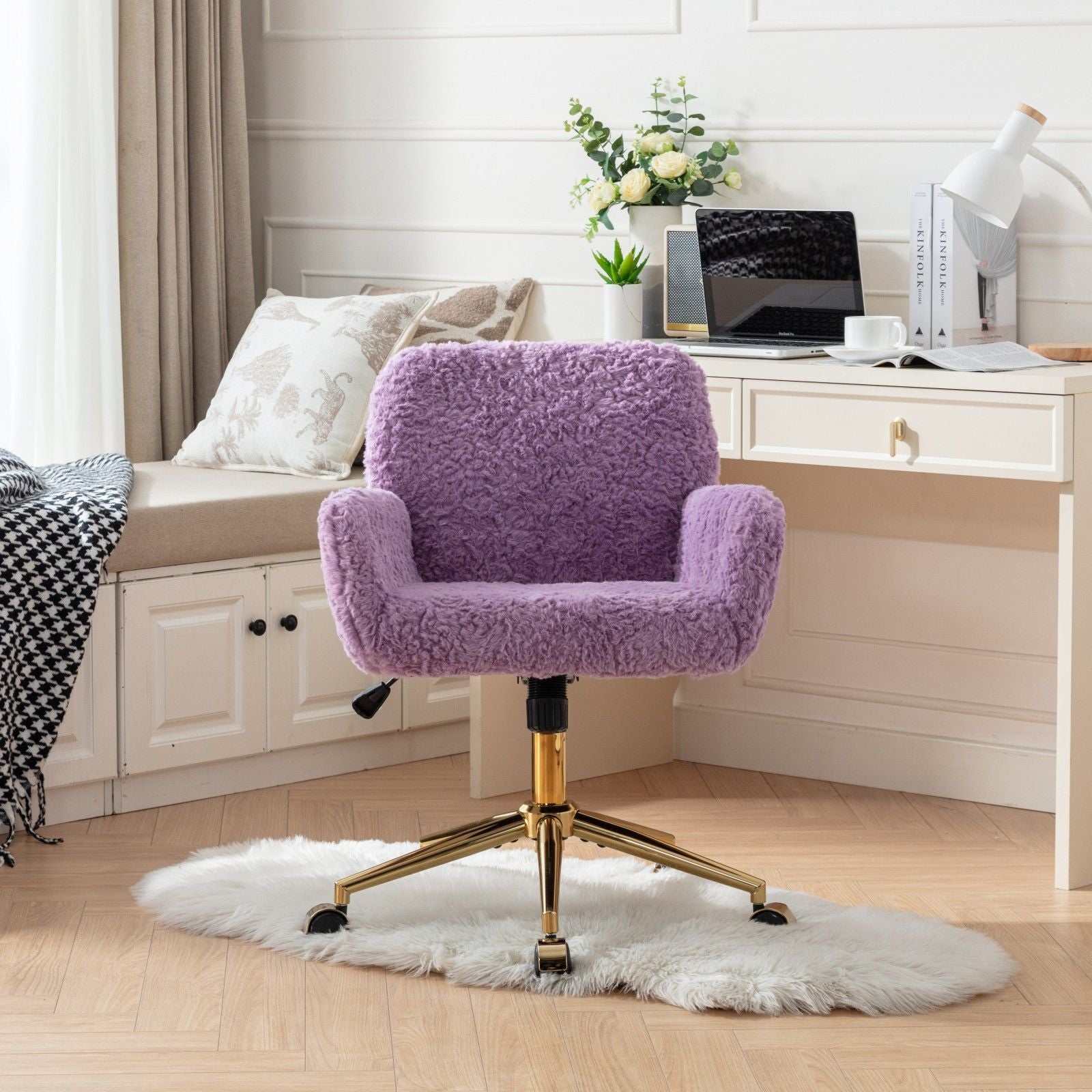 Office Chair, Artificial Rabbit Hair Home Office Chair With Metal Base, Adjustable Desk Chair Swivel Office Chair, Vanity Chair