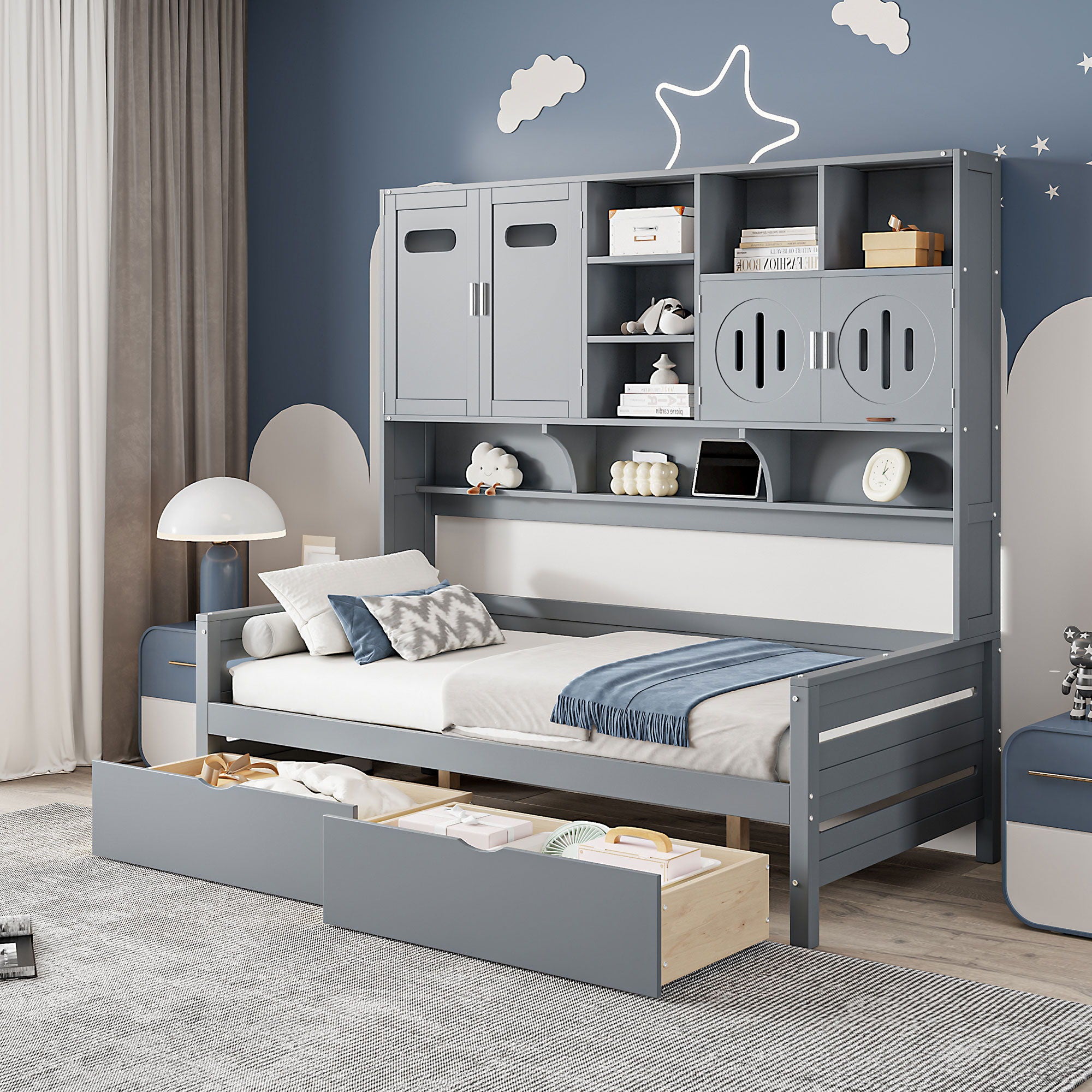 Daybed With All-In-One Cabinet And Shelf
