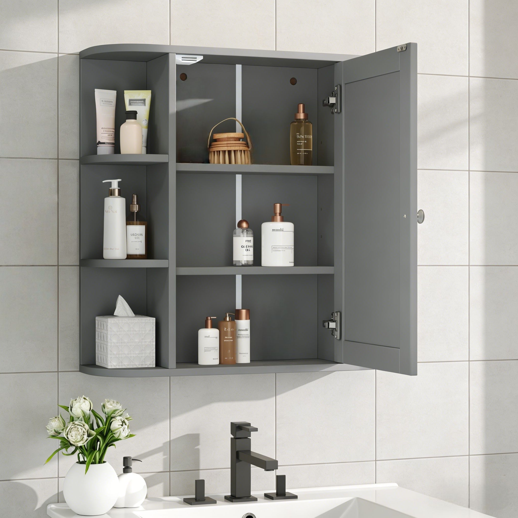 Bathroom Wall Storage Cabinet With Mirror And Adjustable Shelf, 6 Open Shelves