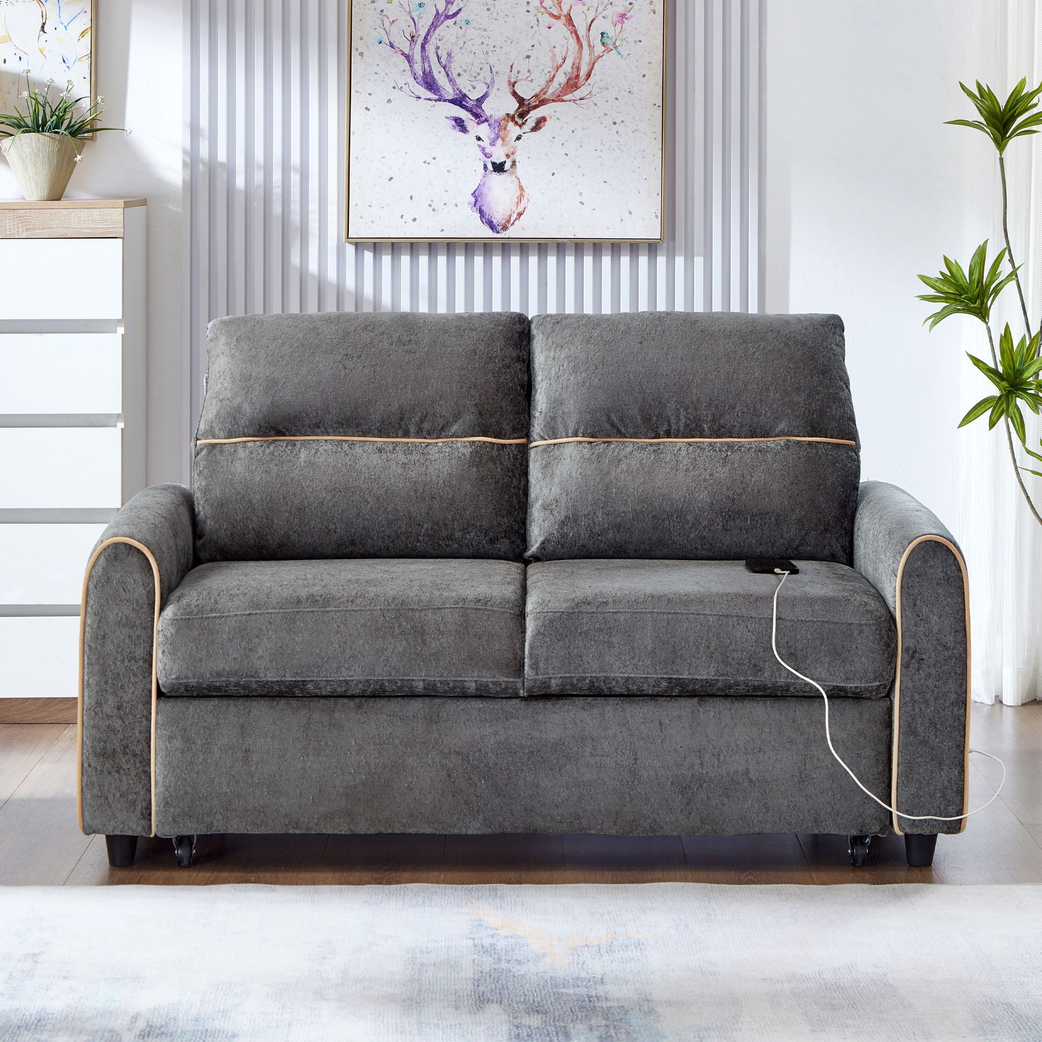 Pull Out Sofa Bed With Adjustable 3 Position Backrest, USB Charging Ports, Side Pockets