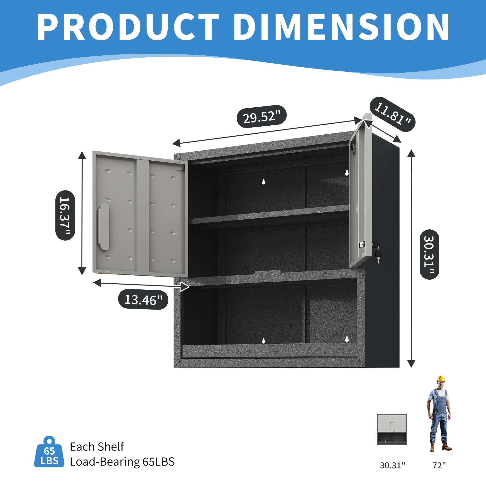 Metal Wall Mounted Tool Storage Cabinet With Locking Door, 1 Shelf & 1 Drawer