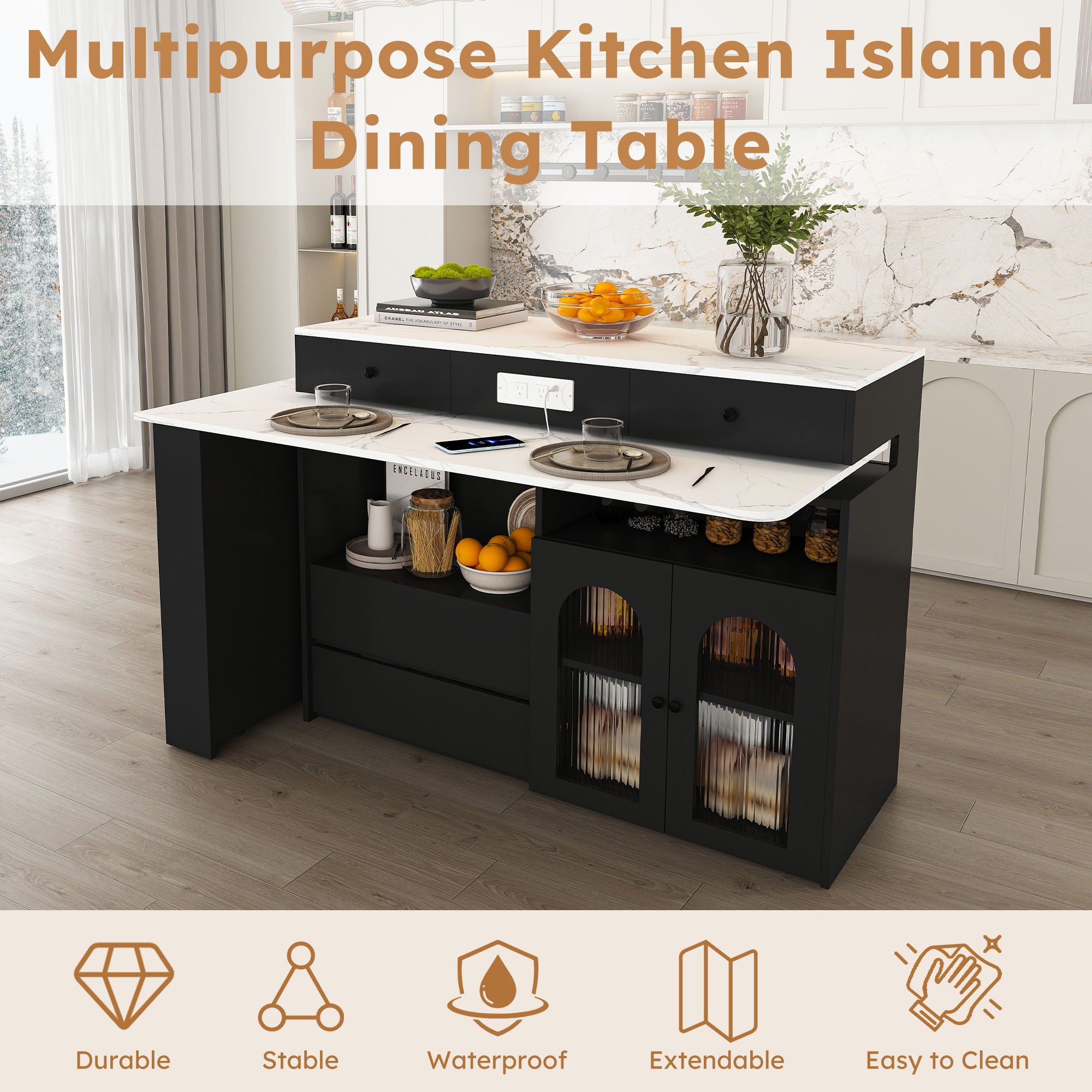Kitchen Island With Extendable & Rotating Table